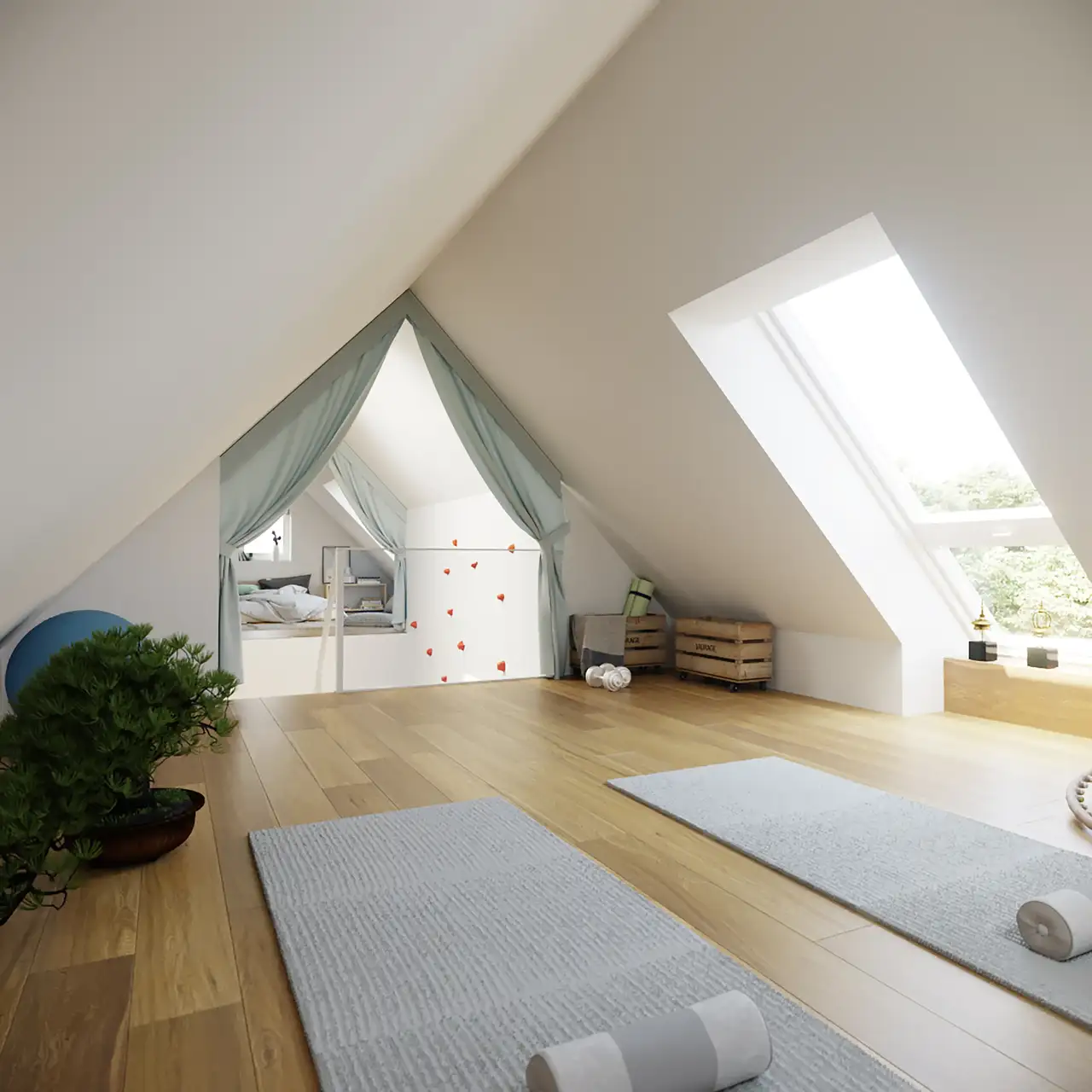 Combles transformés en salle de méditation avec tapis, plantes vertes et lumière naturelle venant d’une grande fenêtre de toit. 