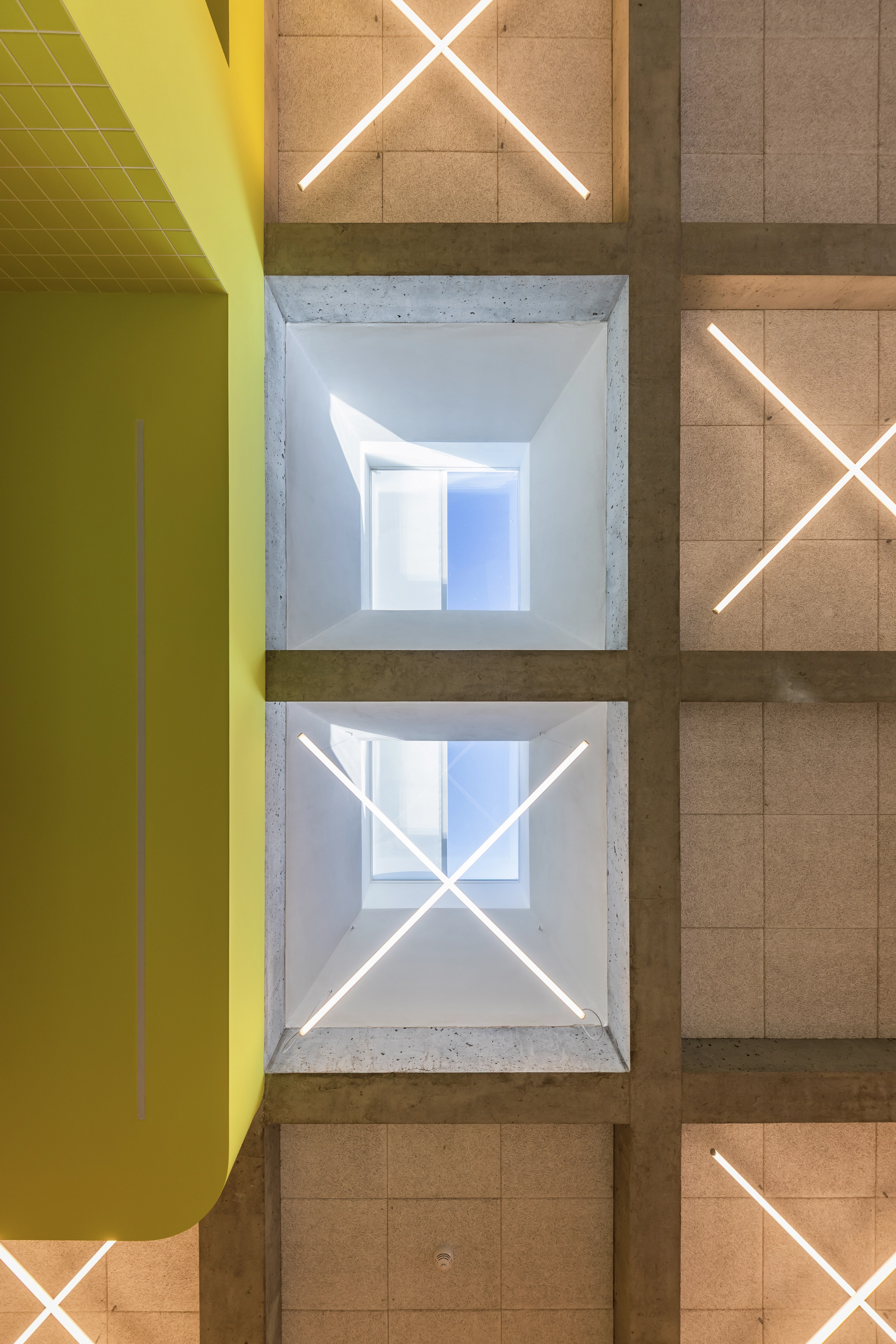 Ceiling with geometric lights and VELUX flat roof window.