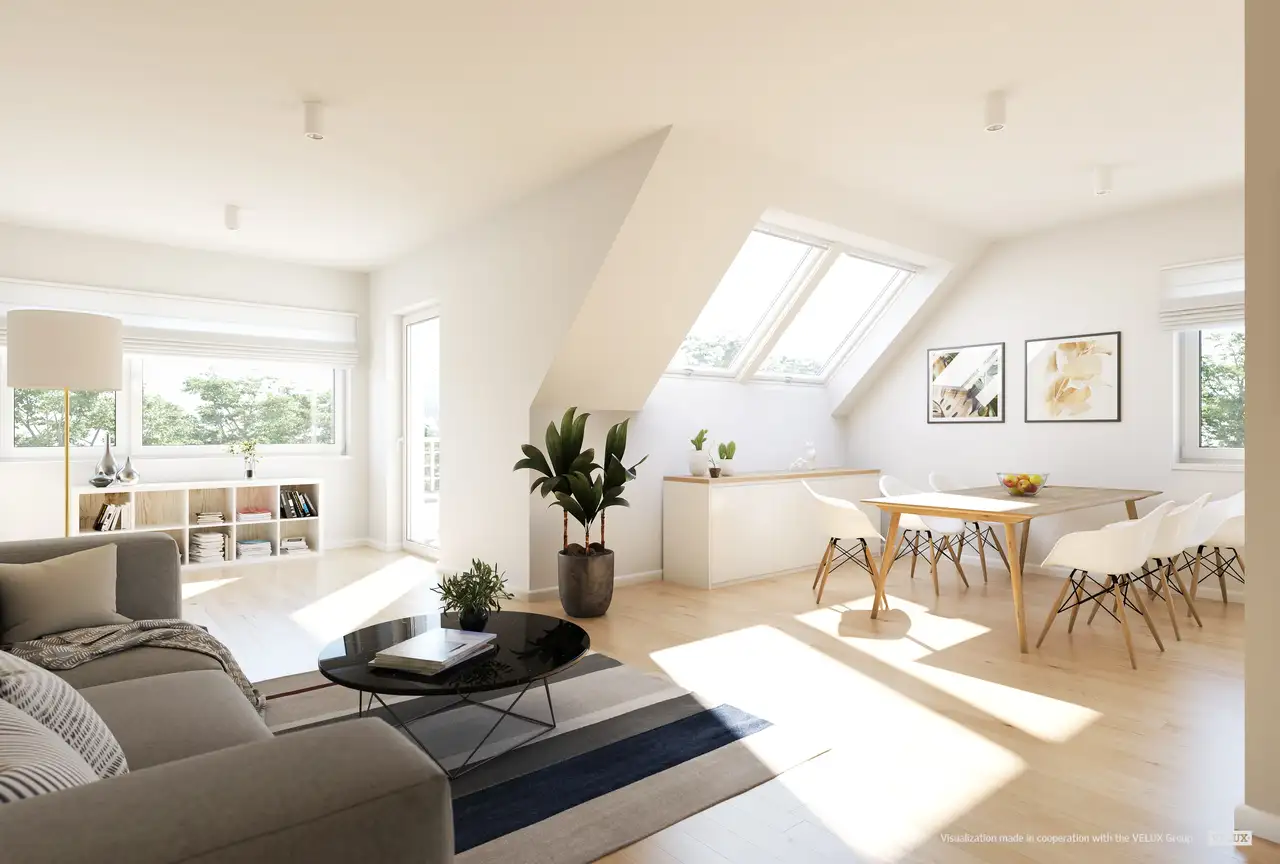 Sala em open space sob o telhado com janela de telhado 2 em 1 VELUX 
