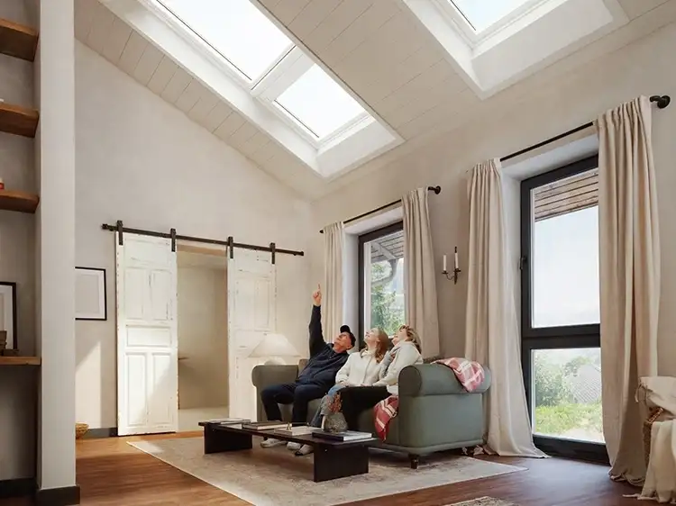 Salon sous combles avec fenêtres de toit VELUX et famille installée sur un canapé 