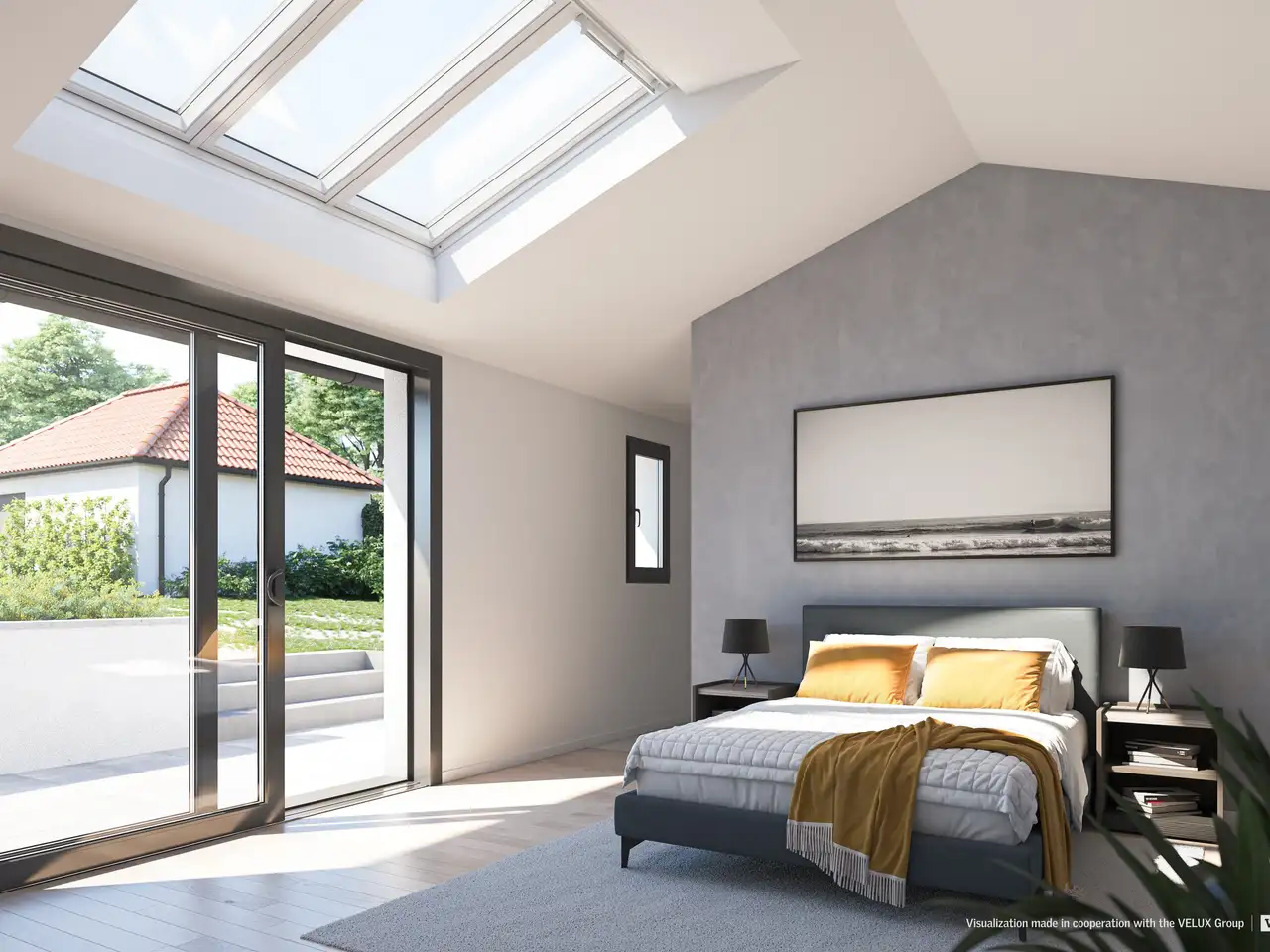chambre sous toiture en pente avec verrière 3en1 VELUX et baie vitrée 