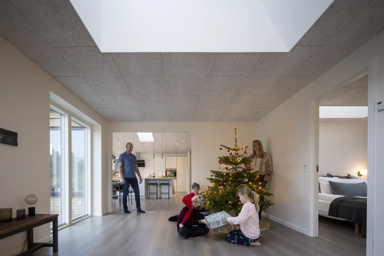 Salon minimaliste avec fenêtre de toit plat VELUX et grand sapin de Noël décoré. 
