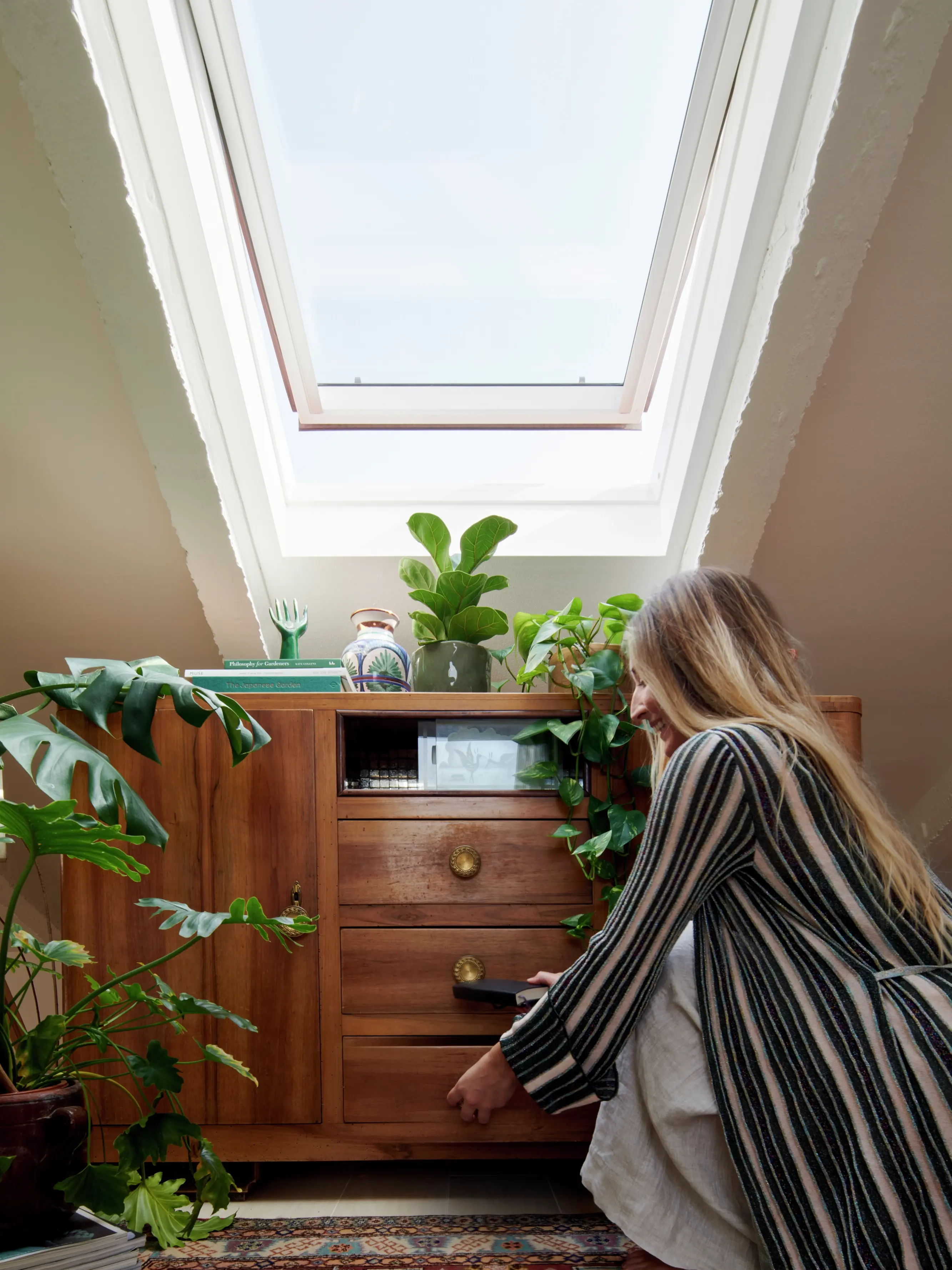 Coin bureau à domicile avec fenêtre de toit VELUX, armoire en bois et plantes d'intérieur.