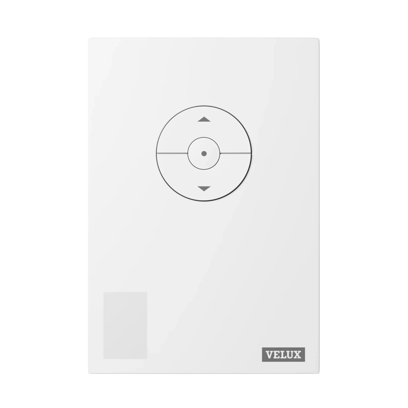 VELUX remote control for roof windows and blinds, compact design.