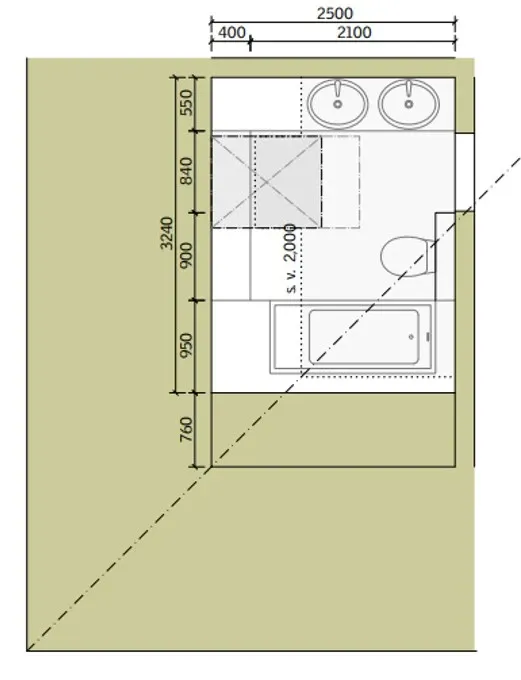 Grundriss eines modernen Badezimmers mit einem geplanten Waschtisch seitlich unter der Dachschräge | VELUX Magazin