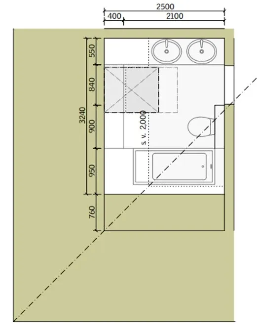 Architekturzeichnung eines kompakten Badezimmers mit detaillierten Maßen.