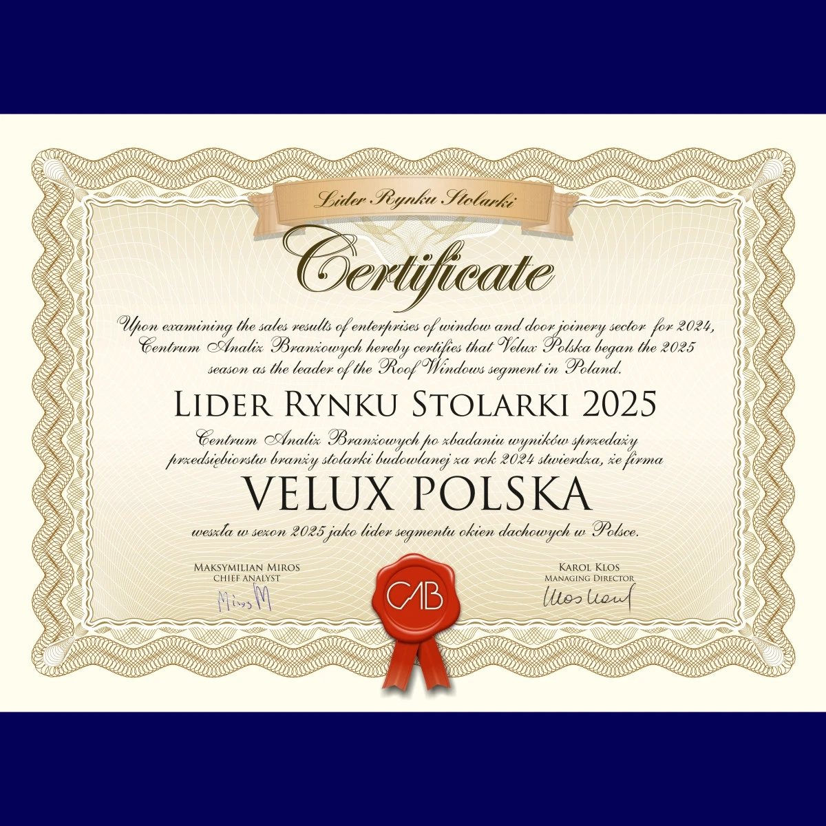 VELUX Polska ponownie z tytułem Lider Rynku Stolarki
