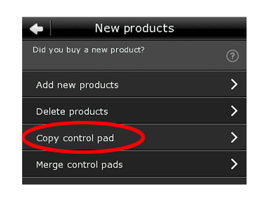 Menu interface with 'Copy control pad' highlighted.