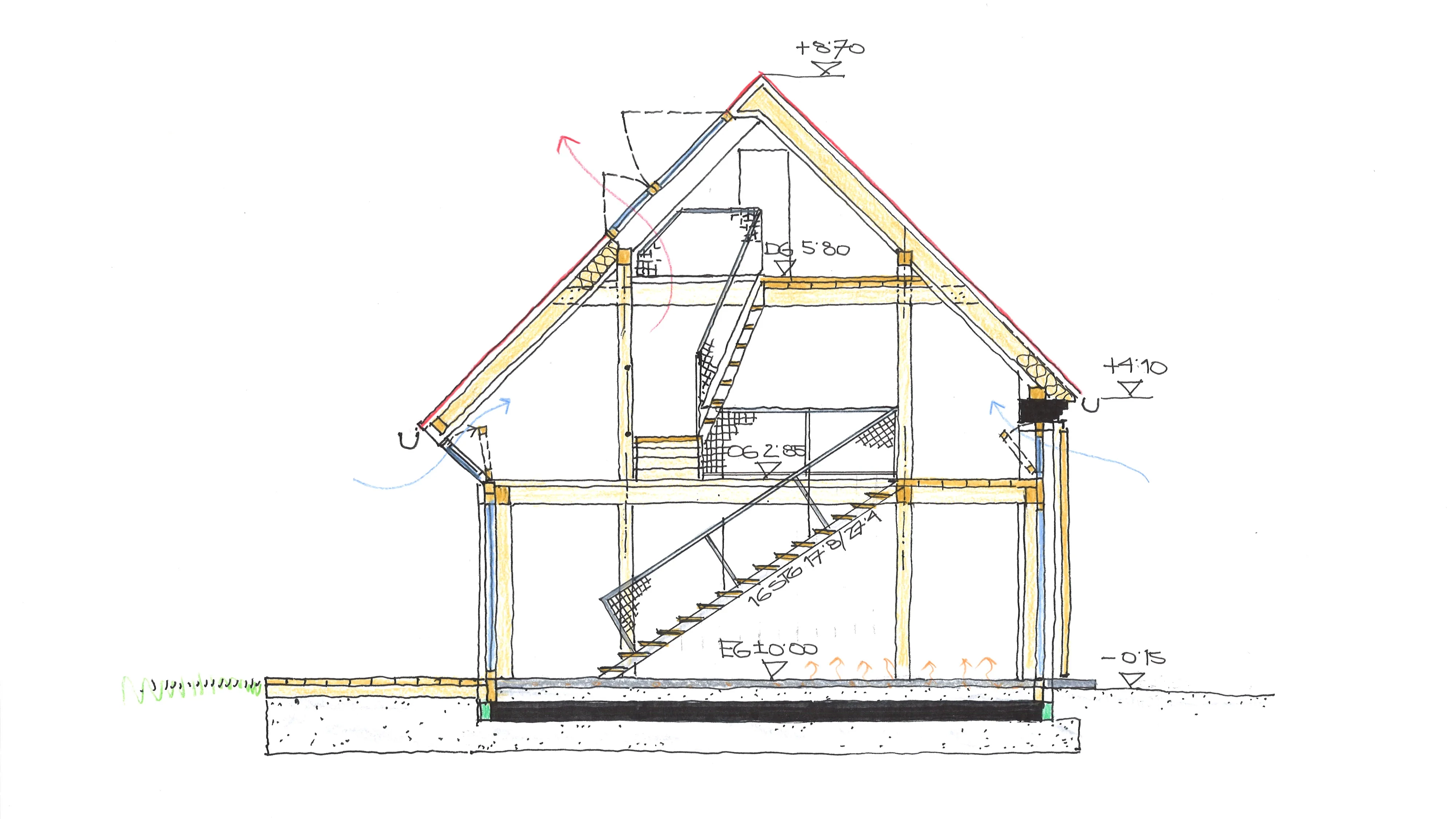 Cross-section drawing of a house showing interior layout and structural elements.