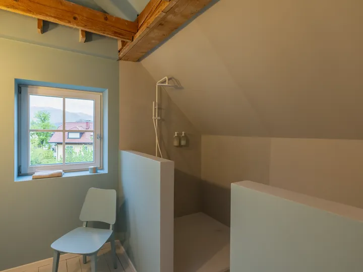 Tamno kupatilo bez VELUX krovnih prozora, s minimalističkim tušem i nježno plavim zidovima. | VELUX