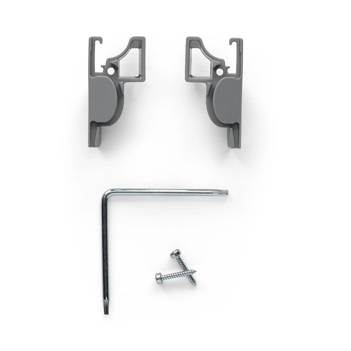 Curtain bracket set with two brackets, Allen key, and screws.