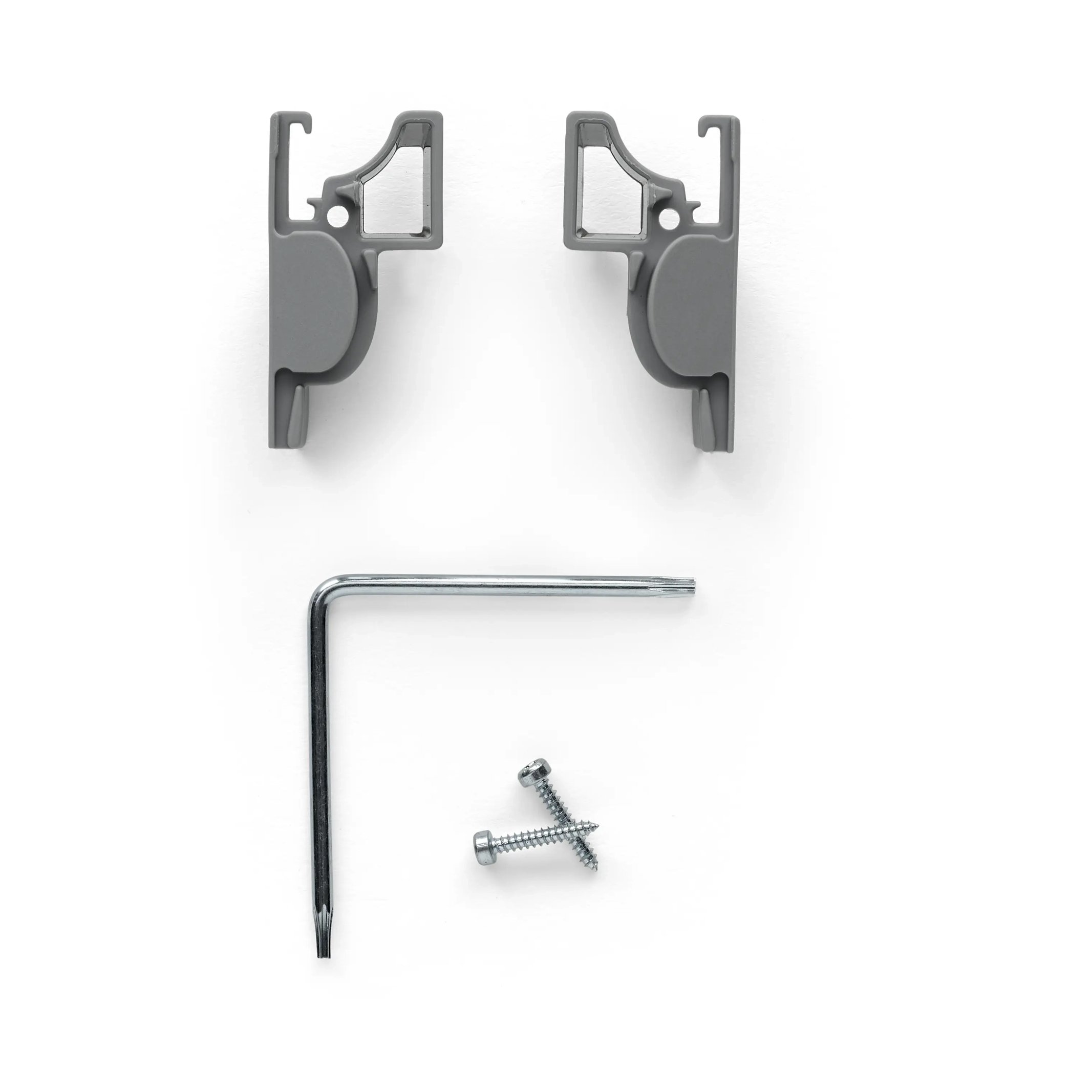Curtain bracket set with two brackets, Allen key, and screws.