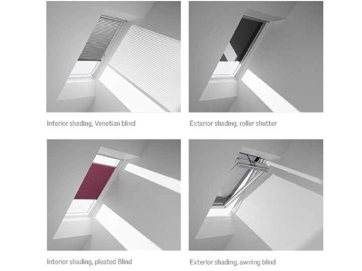 Four shading options for VELUX roof windows: Venetian, roller, pleated, awning.