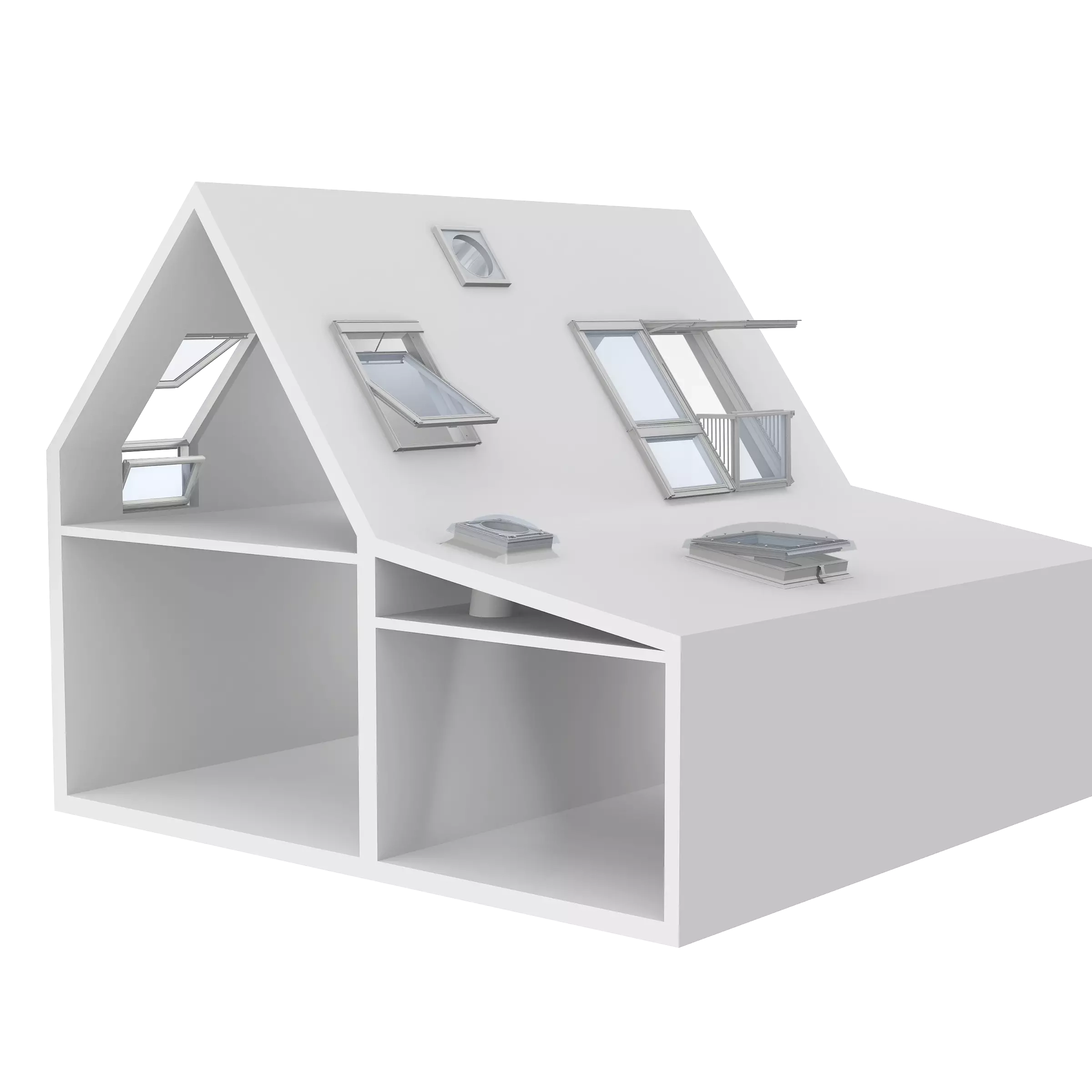 Model house with VELUX roof windows on a sloped roof, showing open and closed positions.