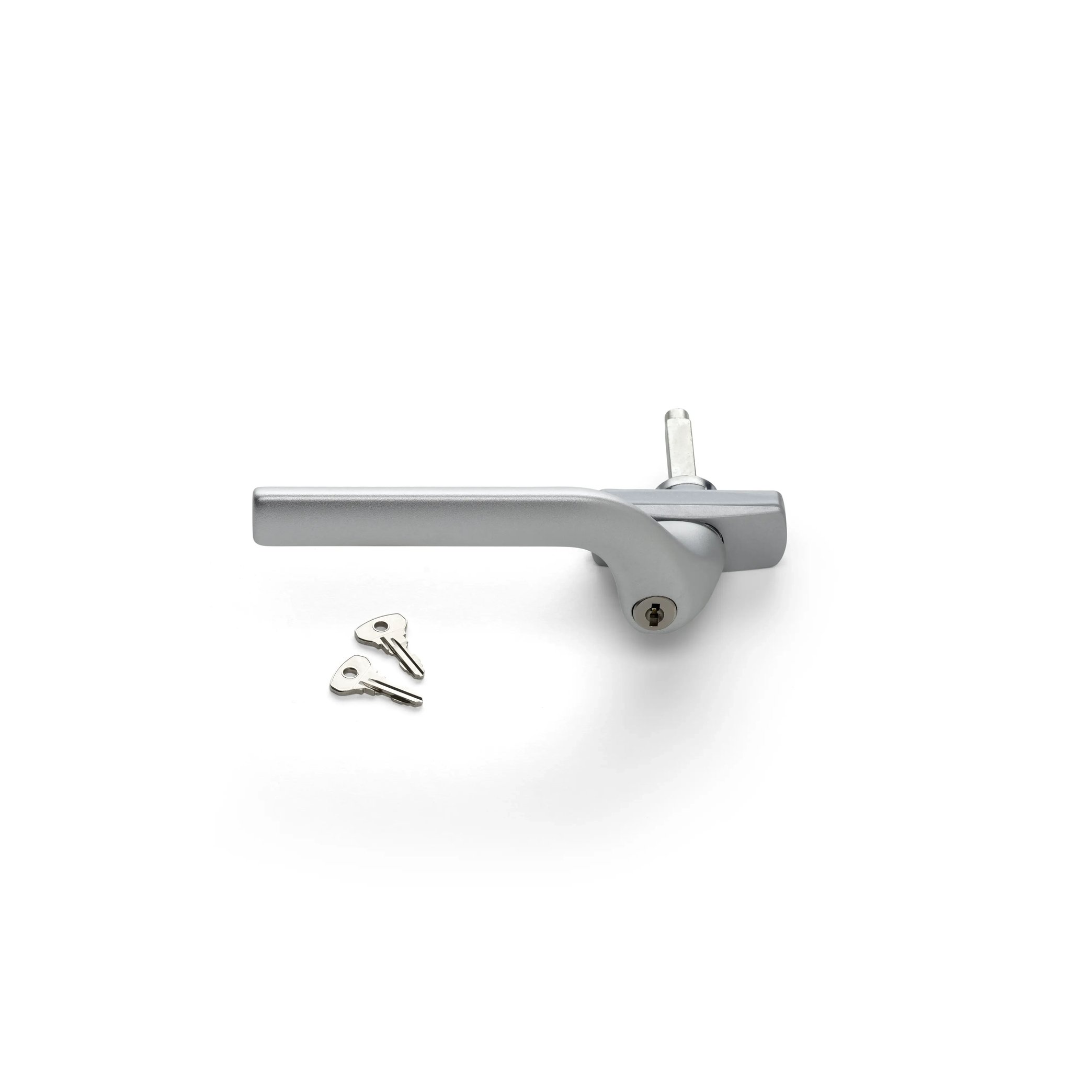 Silver window handle with two keys, modern design for secure locking.