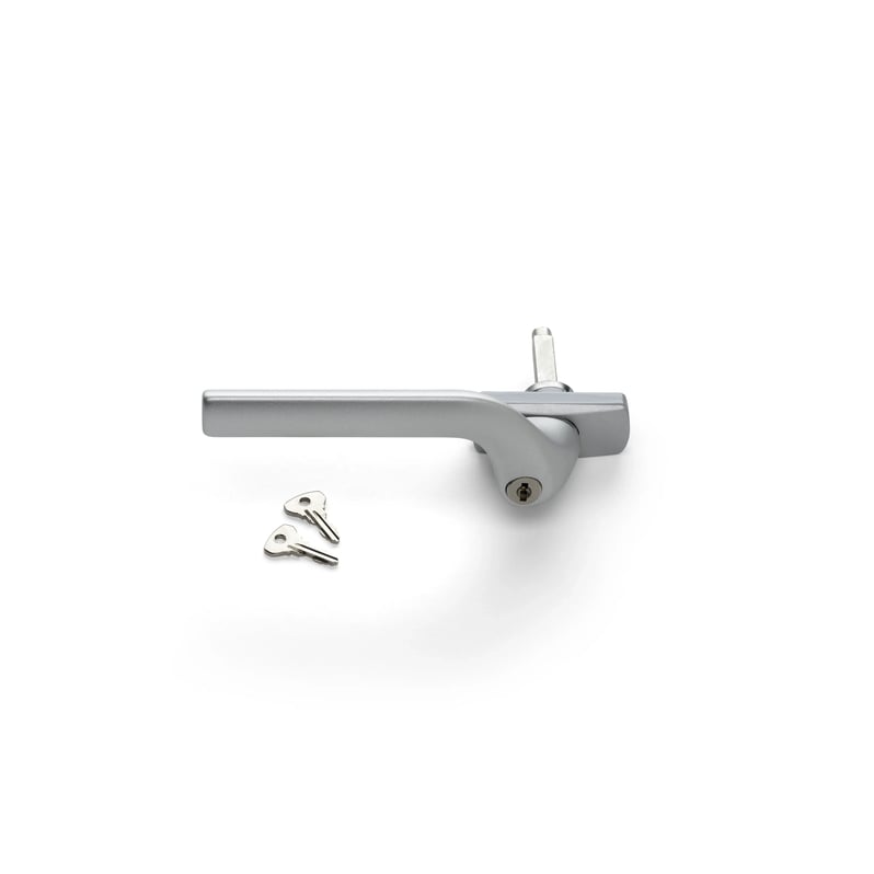 Silver window handle with two keys, modern design for secure locking.