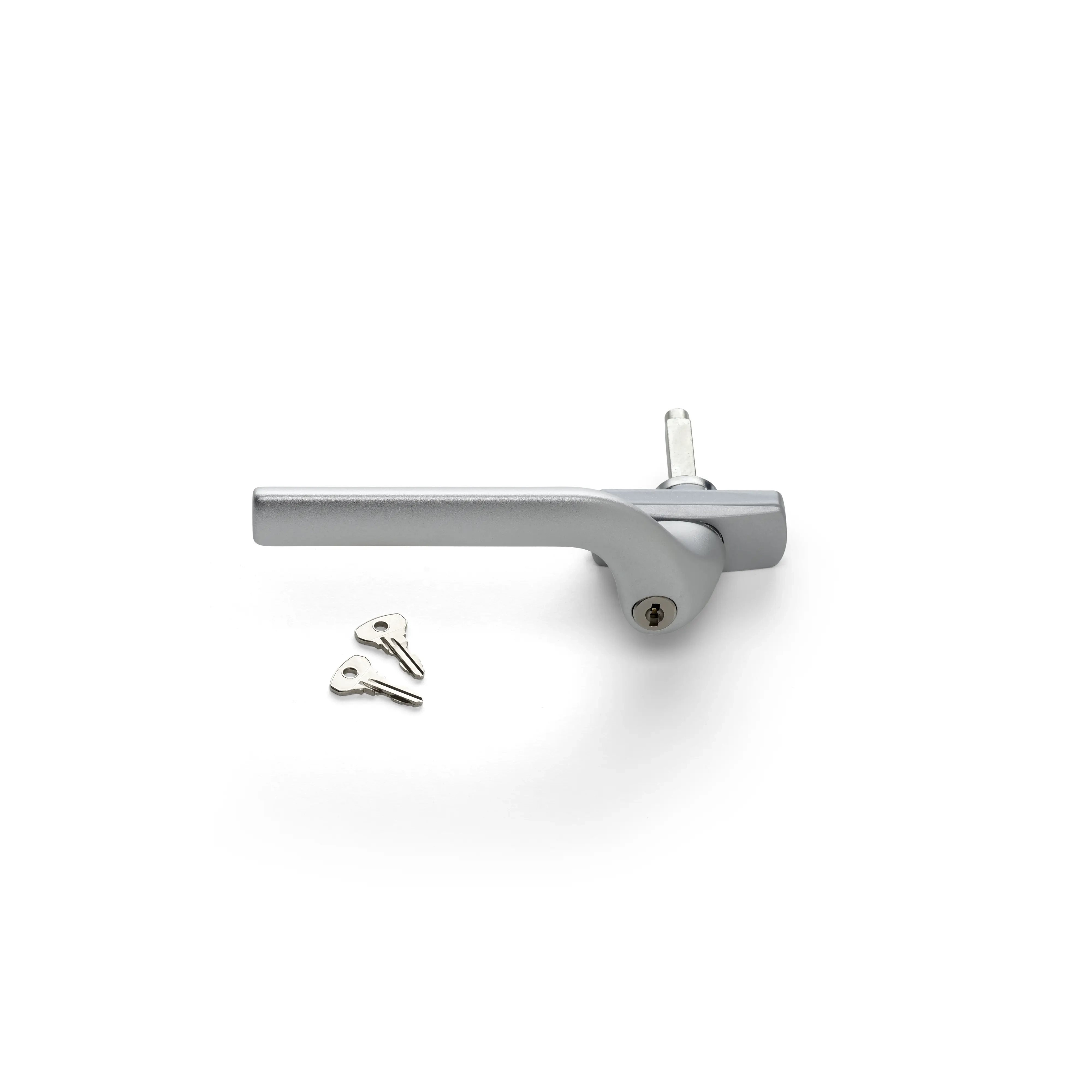 Silver window handle with two keys, modern design for secure locking.