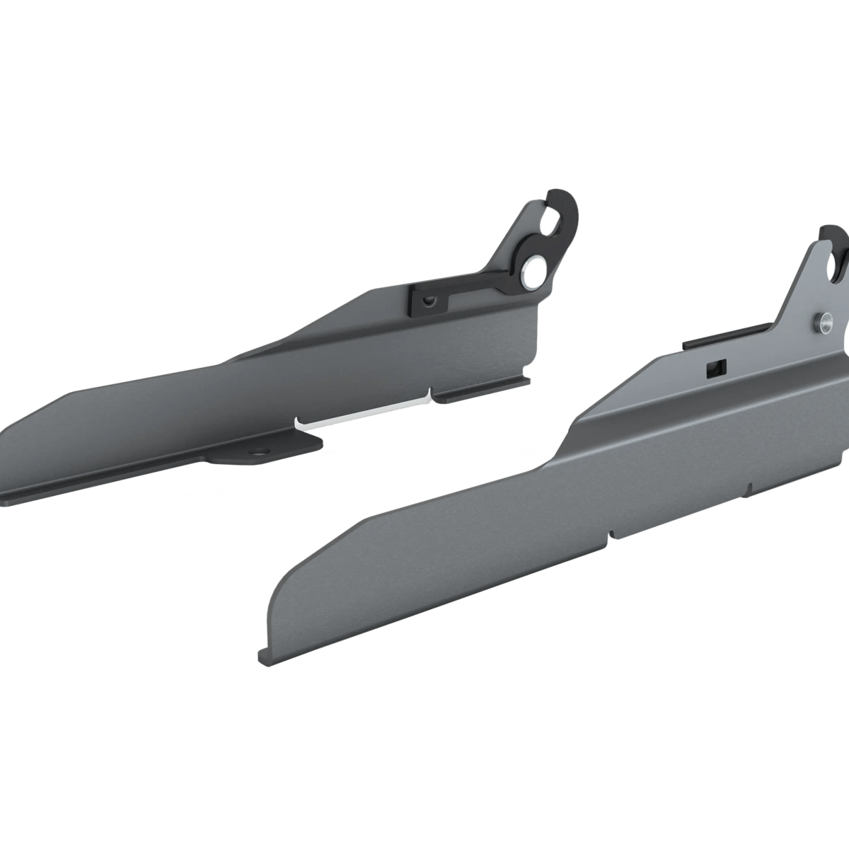 Pair of metal brackets with sleek design on white background.