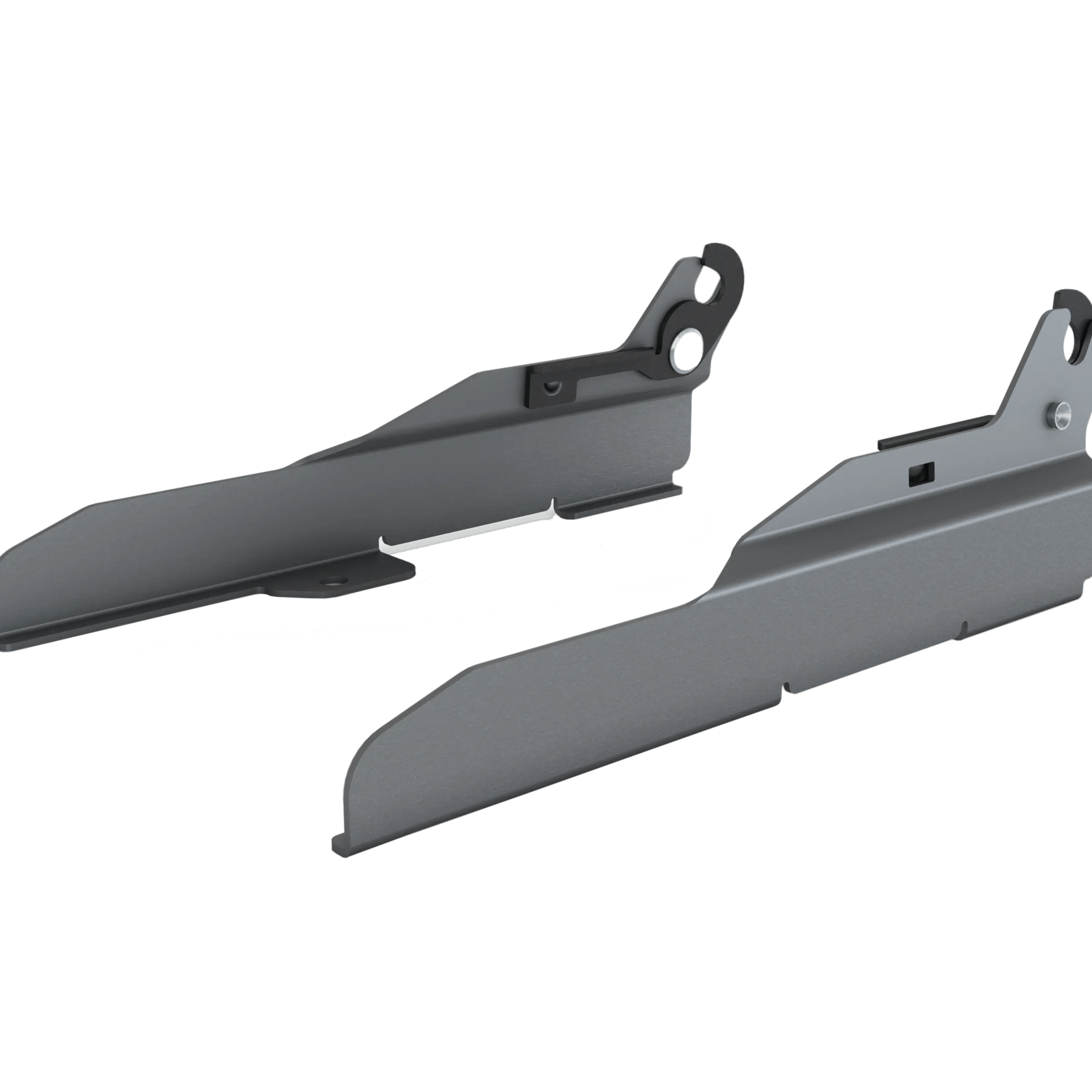 Pair of metal brackets with sleek design on white background.