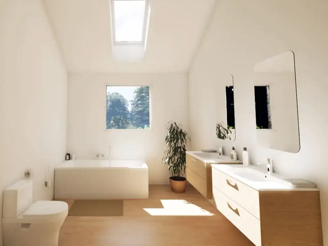 Detalle de cuarto de baño con ventana de fachada y ventana de tejado.