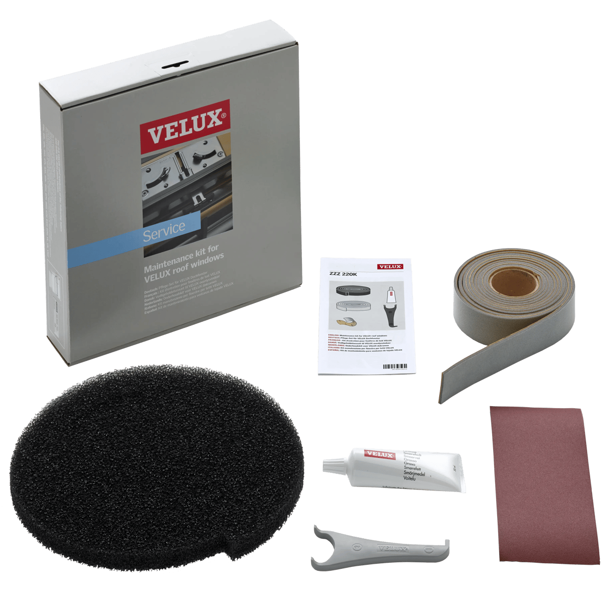 VELUX roof window maintenance kit with tools and instruction manual.