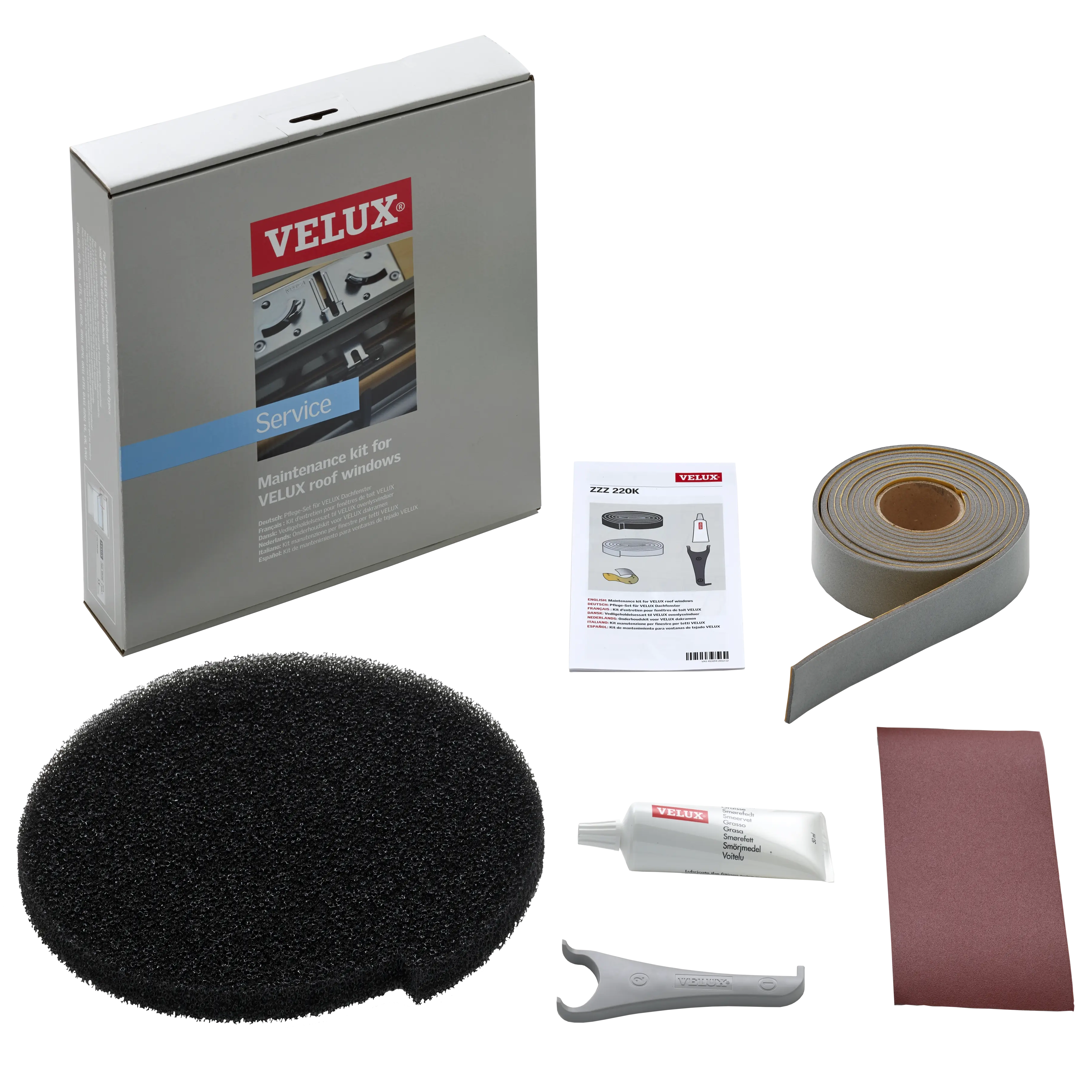 VELUX roof window maintenance kit with tools and instruction manual.