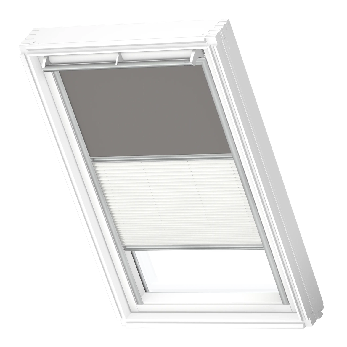 VELUX roof window with integrated blinds for light control.