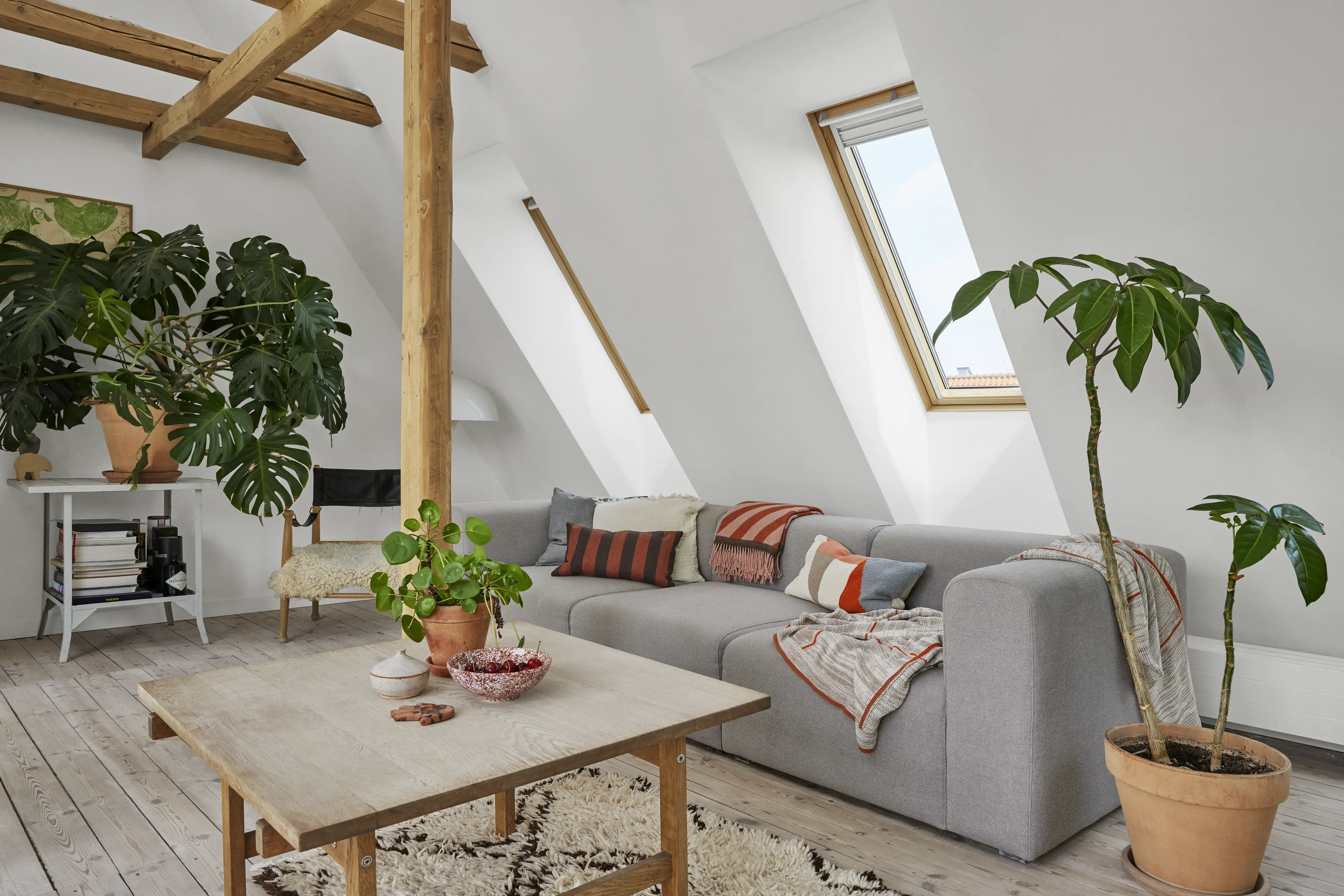 Mājīga dzīvojamā istaba ar jumta logiem, koka sijām un augiem. | VELUX