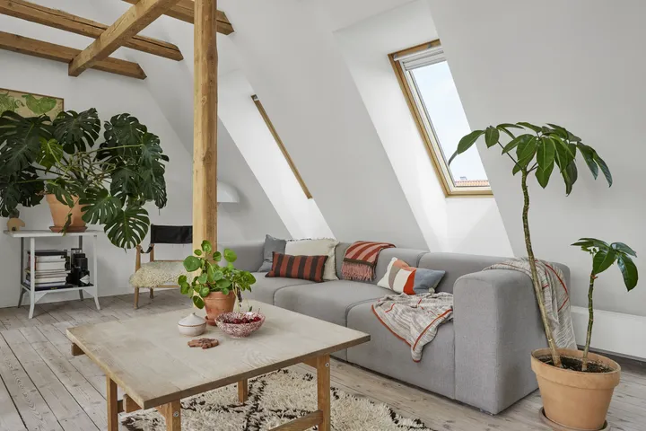 Тавански хол със скосен таван, покривни прозорци VELUX и дървени греди.