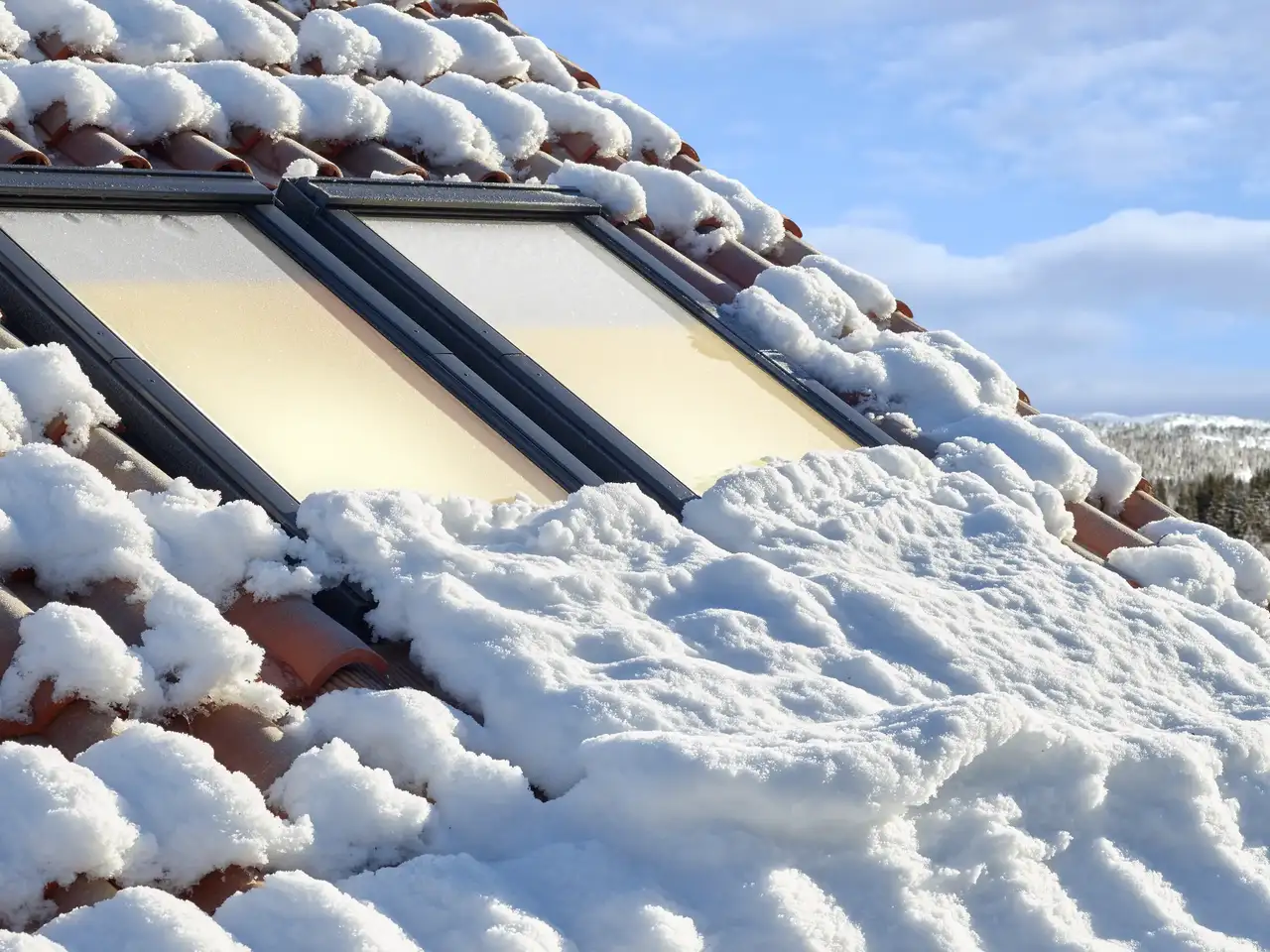 Tetto coperto di neve con finestre per tetti VELUX chiuse. 