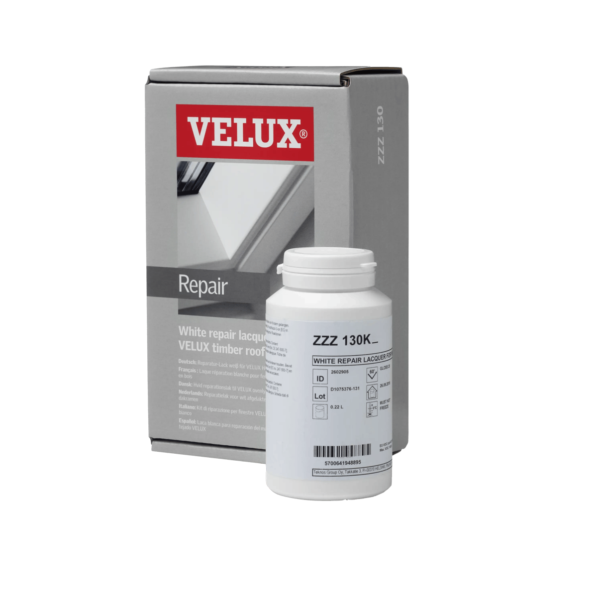VELUX repair lacquer kit for timber roof windows maintenance.