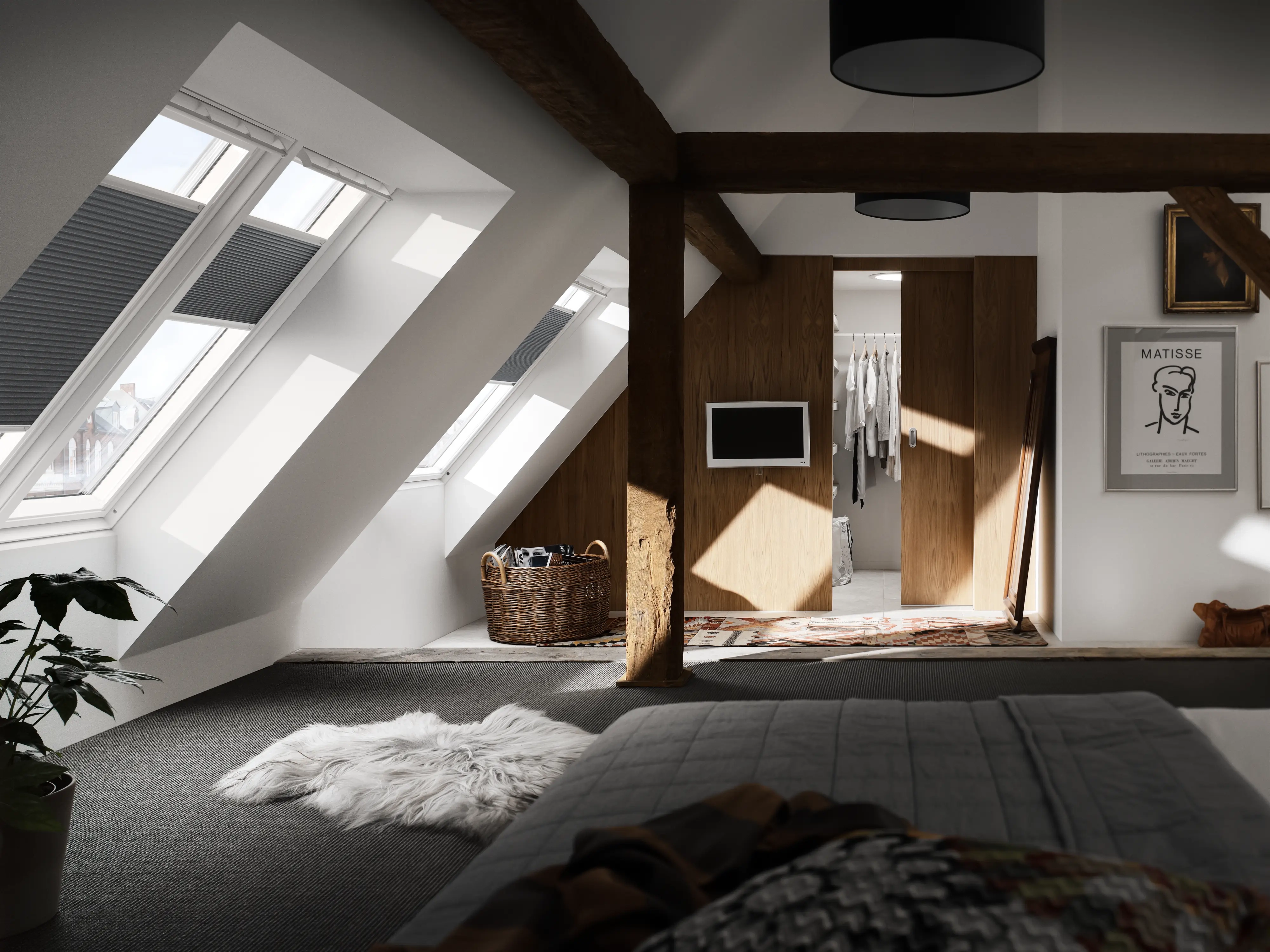 VELUX blackout energy pleated blind installed in a VELUX roof window seen from the inside