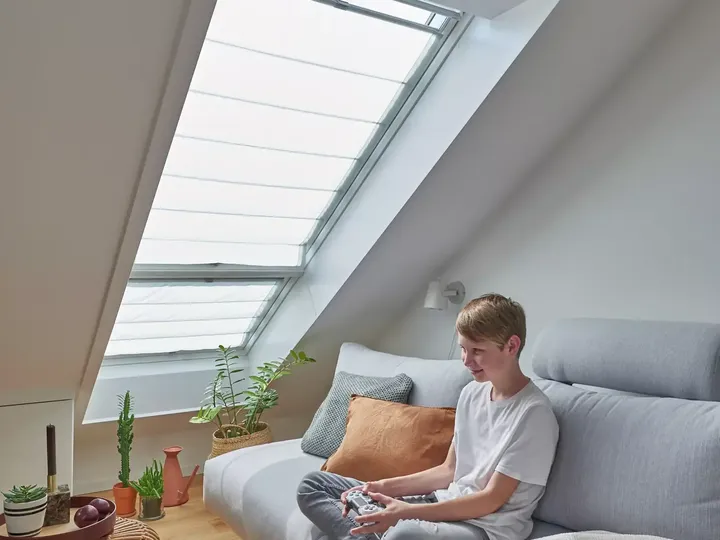 Ruhiges Wohnzimmer im Dachboden mit VELUX Dachflächenfenster und grünen Pflanzen auf einem grauen Sofa.