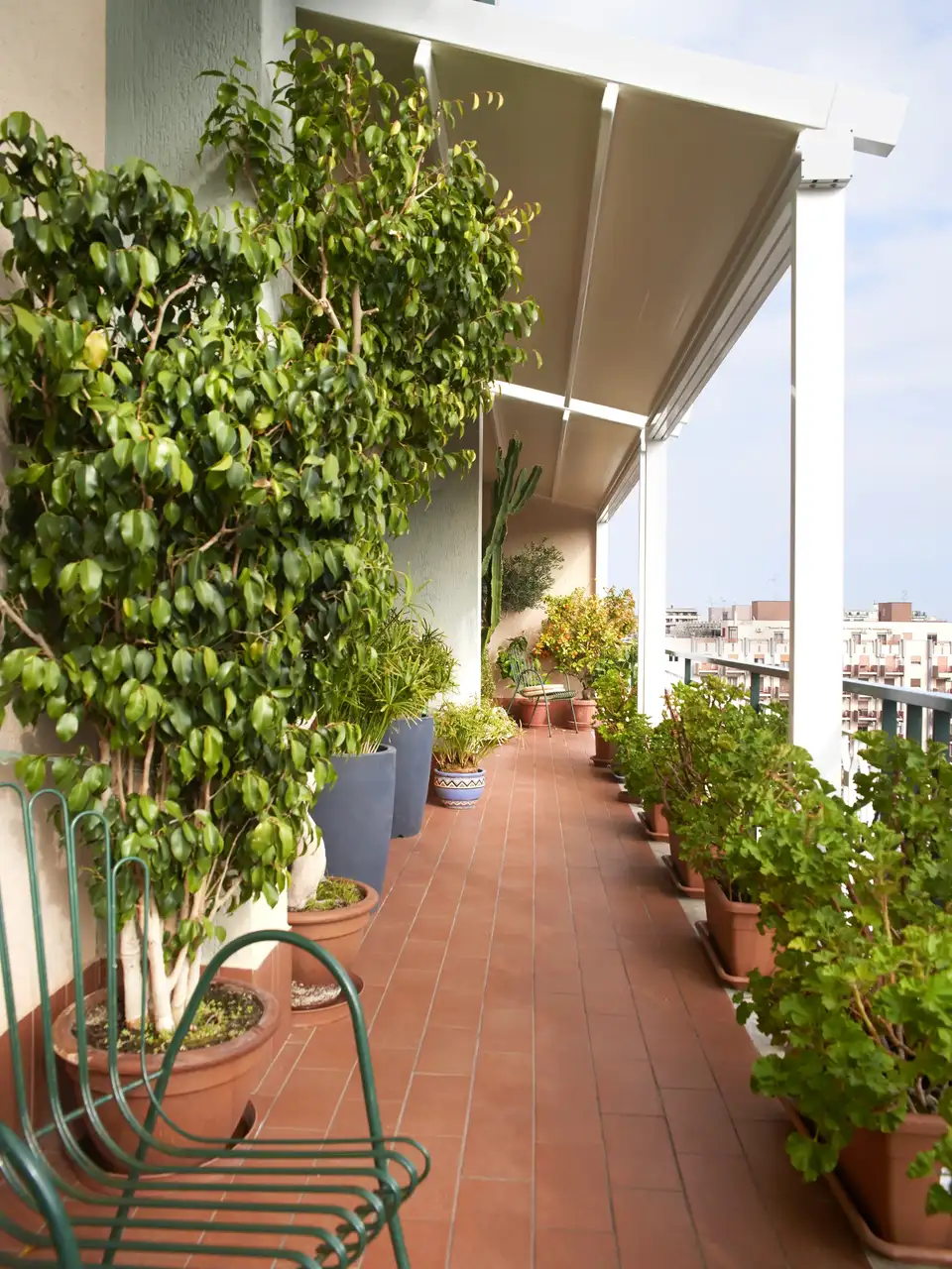 L’image montre un balcon avec un sol en carreaux de terre cuite et une variété de plantes en pot alignées sur le côté gauche. Les plantes varient en taille et en type, créant un espace vert luxuriant. Il y a une balustrade en métal à droite et un auvent au-dessus qui fournit de l’ombre. Au premier plan, on aperçoit une partie d’un banc ou d’une chaise en métal vert. Le balcon donne sur d’autres bâtiments, suggérant un environnement urbain.