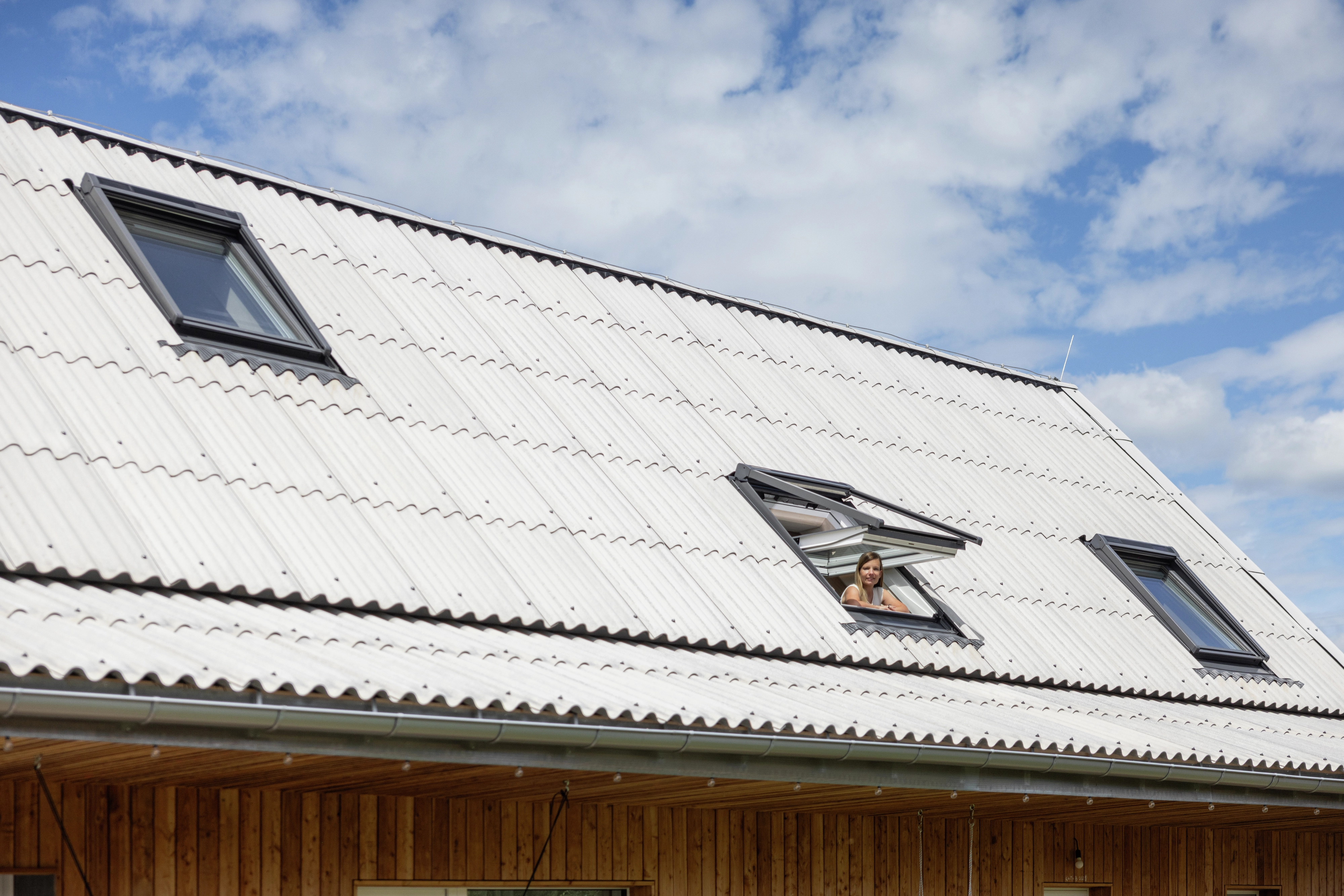 Sloped roof with VELUX windows, metal panels, open window.