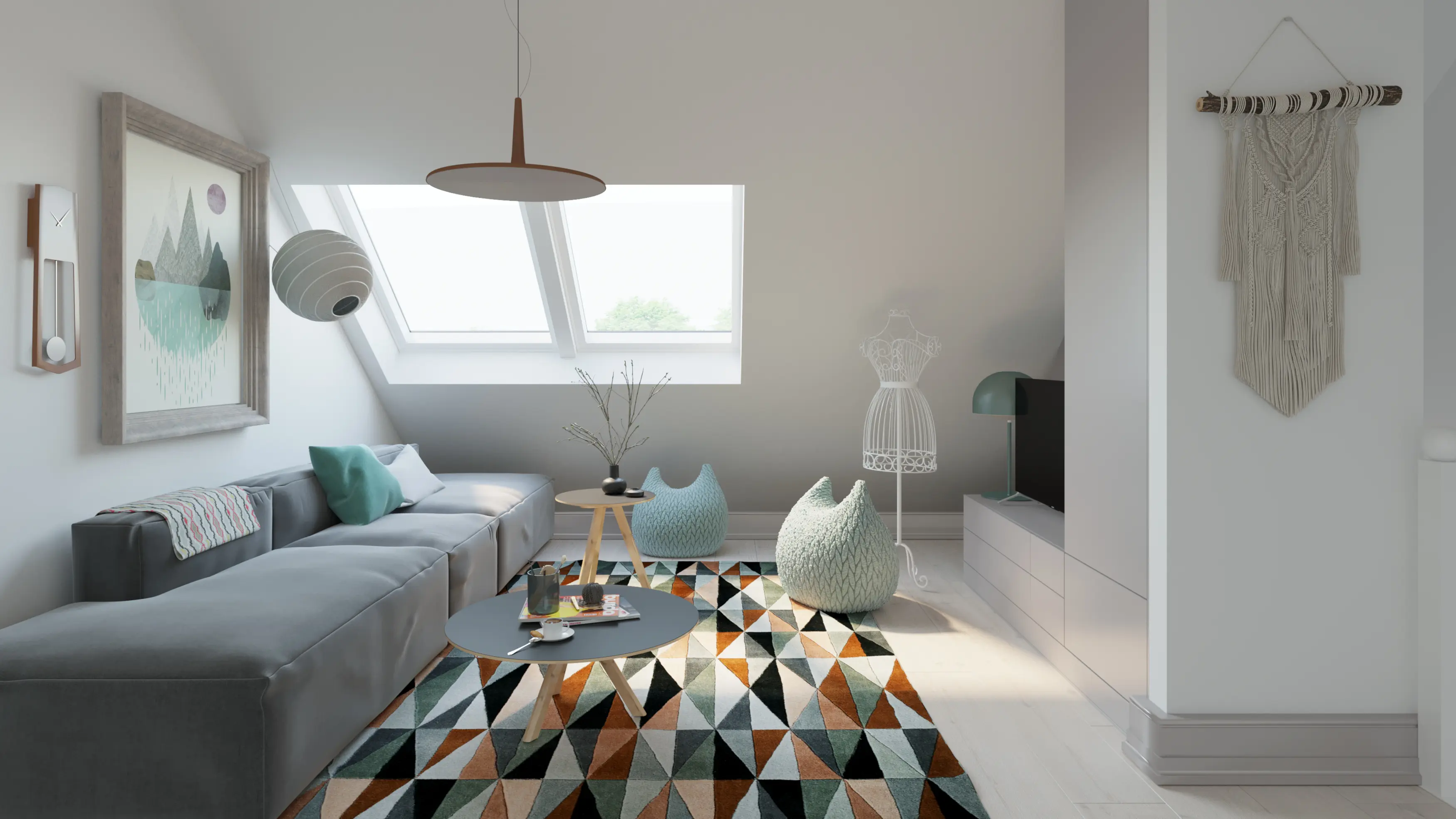 Podkrovná obývacia izba so šikmým stropom a strešným oknom VELUX, moderný dekor.