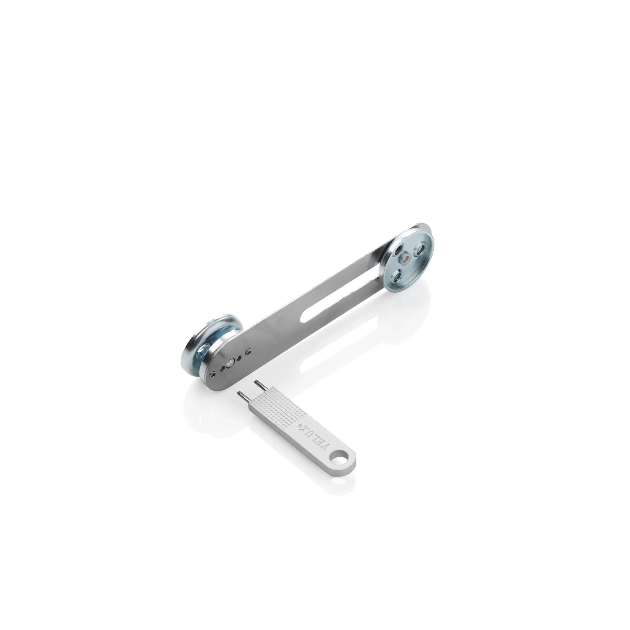 Metal bracket with accompanying tool on a white background.