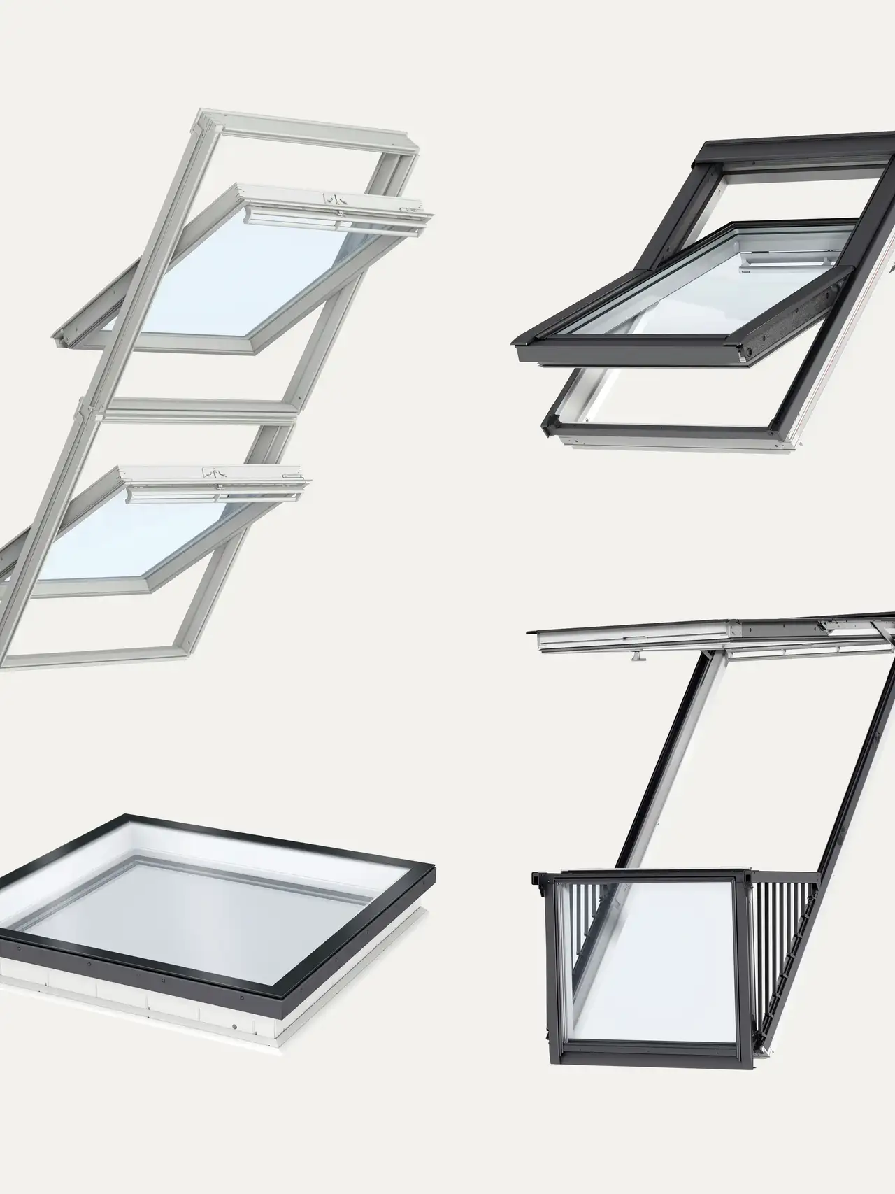 Sammlung von VELUX Dachflächenfenstern in verschiedenen Stilen und Öffnungsmechanismen.