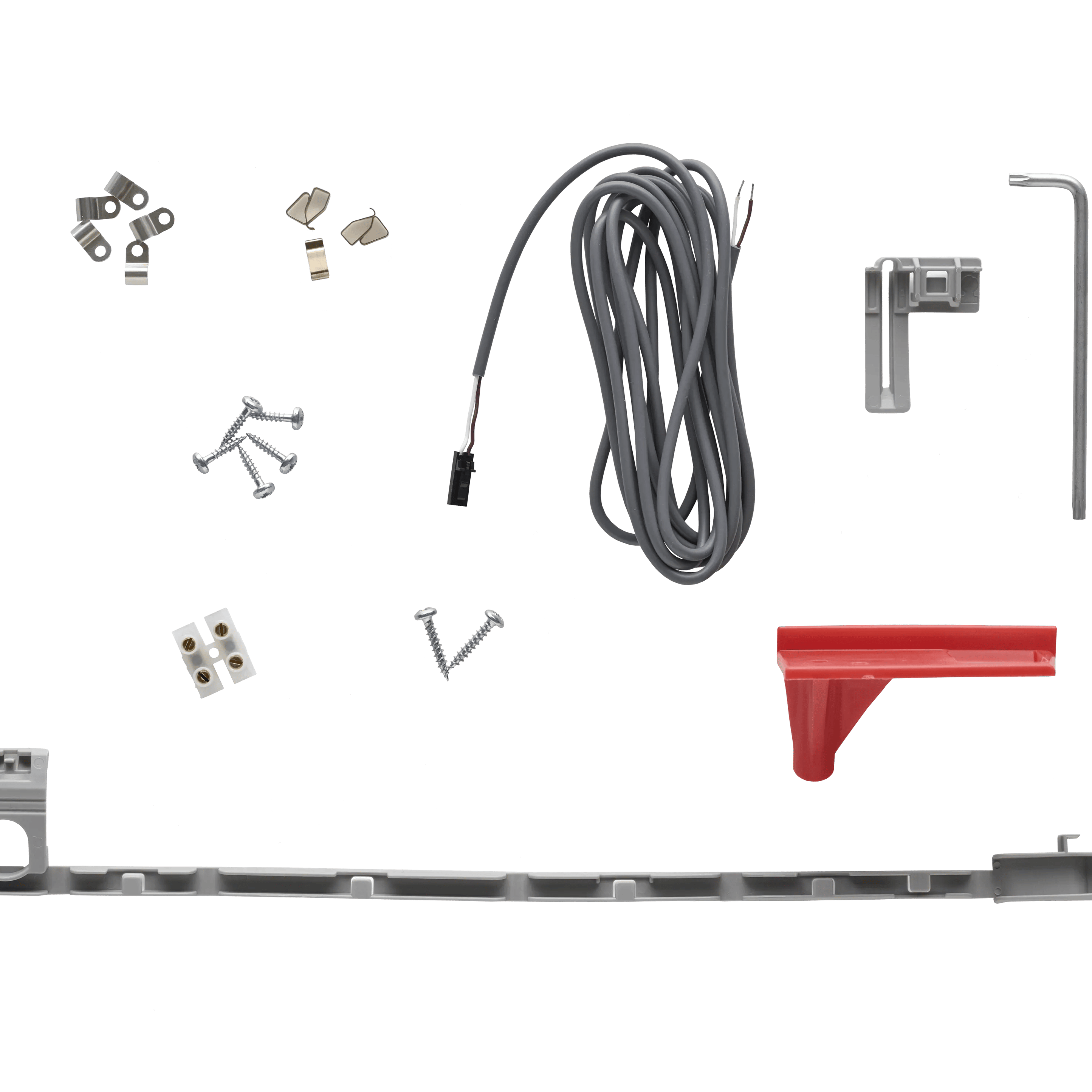 VELUX roof window installation kit with screws, brackets, and wiring.
