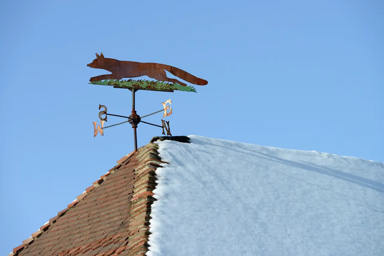 Wetterfahne mit Fuchs auf teilweise schneebedecktem Dach | VELUX Magazin