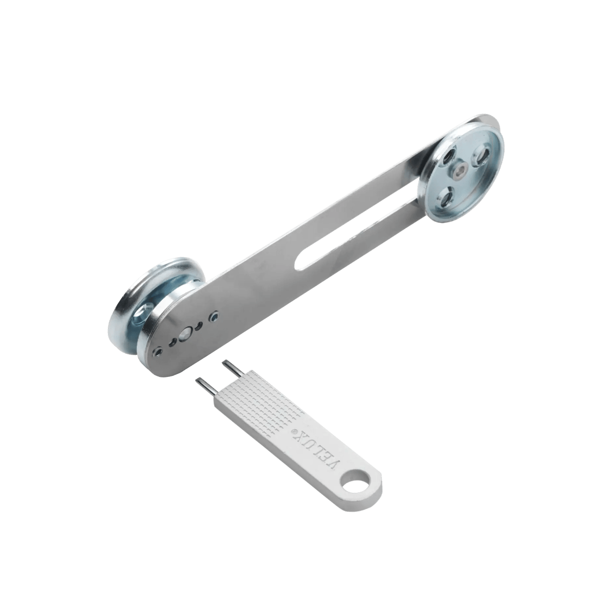 Metal bracket with pulley system for mechanical operations.