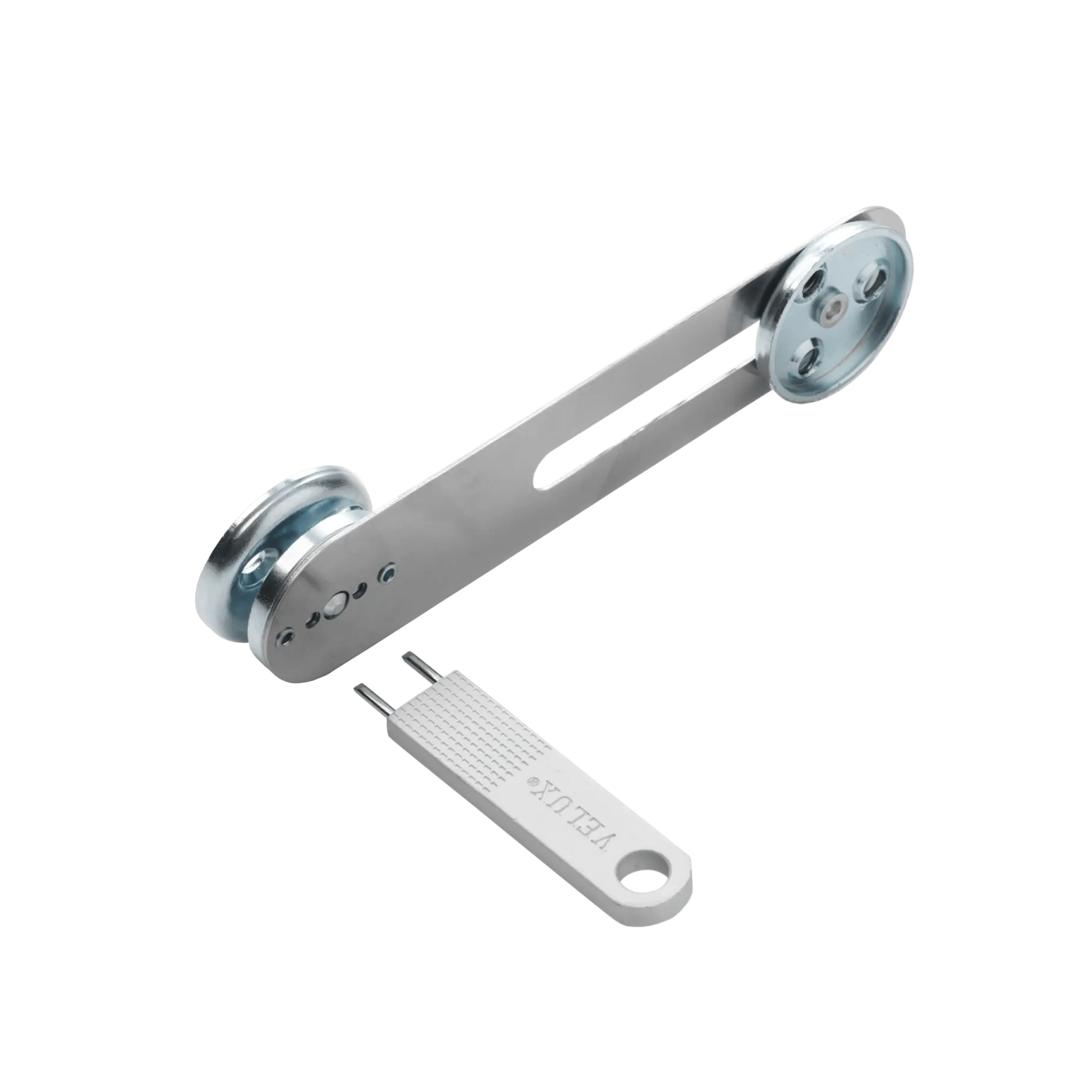 Metal bracket with pulley system for mechanical operations.