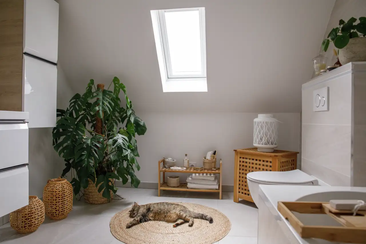 Modernes, helles Badezimmer mit Tageslichteinfall und Holzakzenten | VELUX Magazin