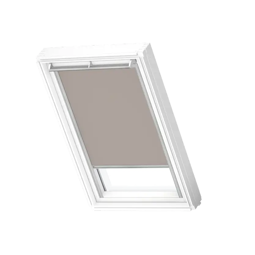 VELUX roof window with integrated blind for light control.