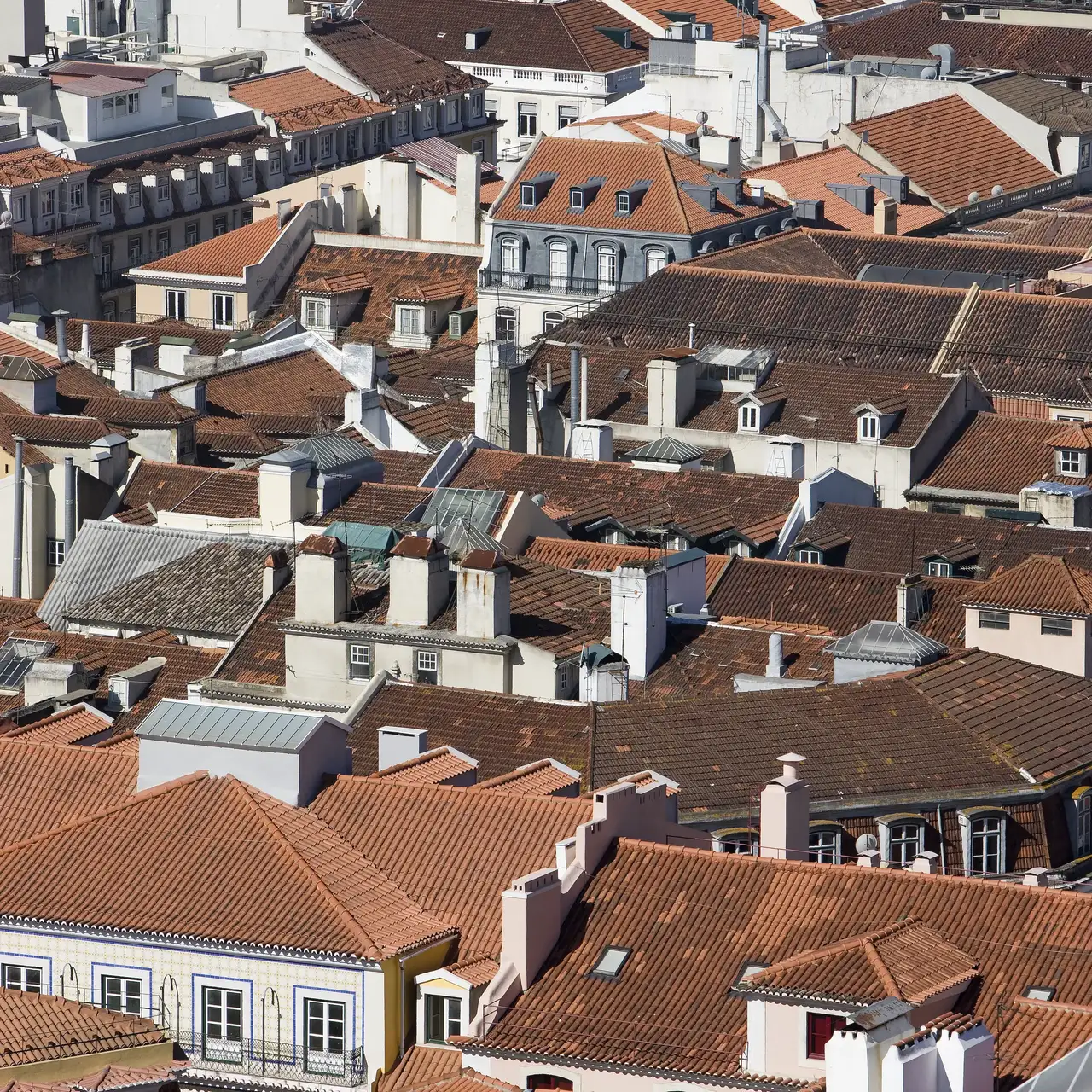 Blick auf ein Stadtzentrum mit Gärten und Dächern, auf denen Terrassen und Dachfenster zu sehen sind | VELUX Magazin