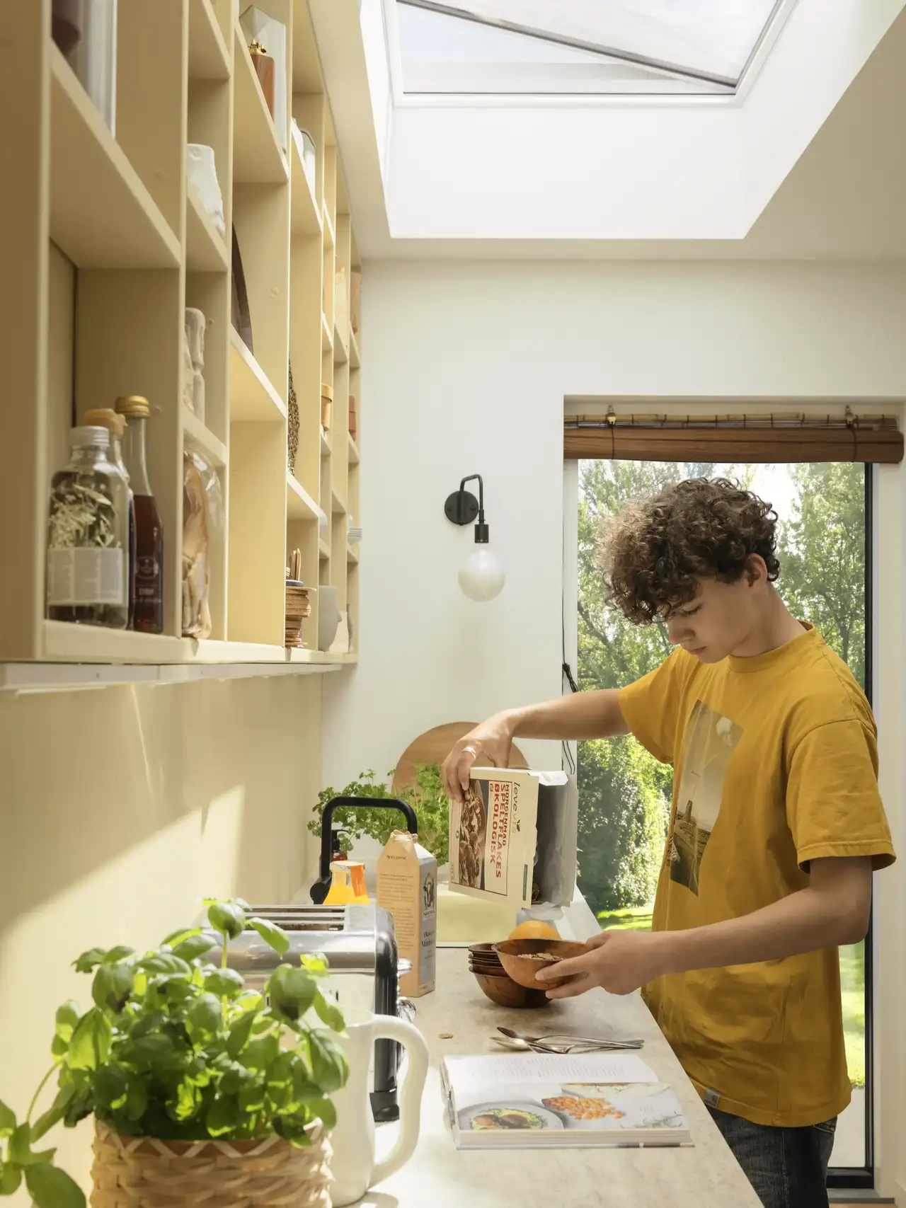 Cuisine avec plante aromatique sur le plan de travail. 