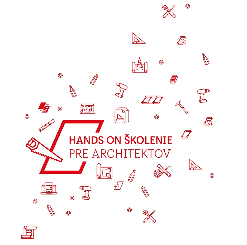 Red tool icons around Slovak text promoting a hands-on training workshop for architects.