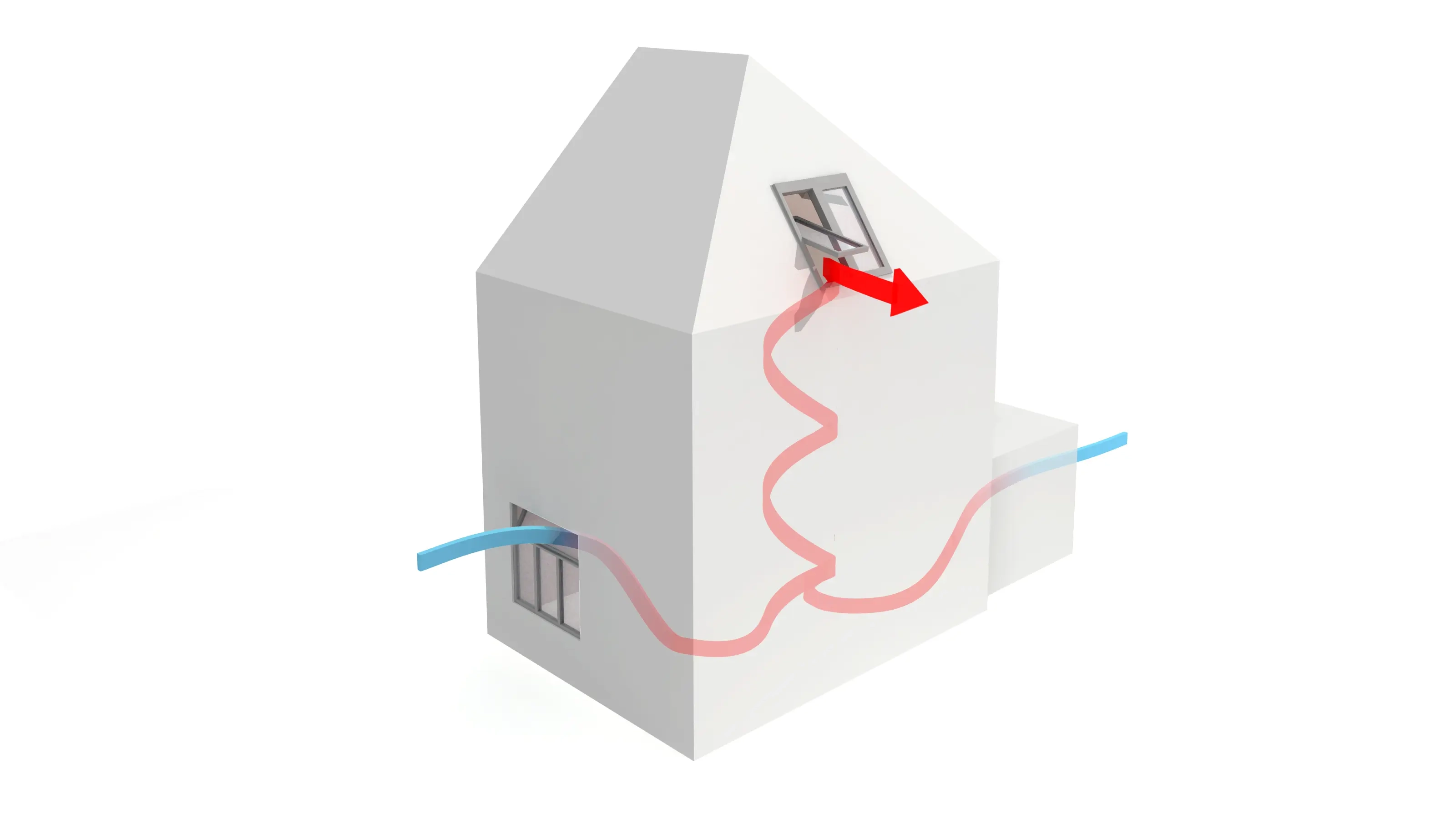 Airflow dynamics with open VELUX roof window in a building.
