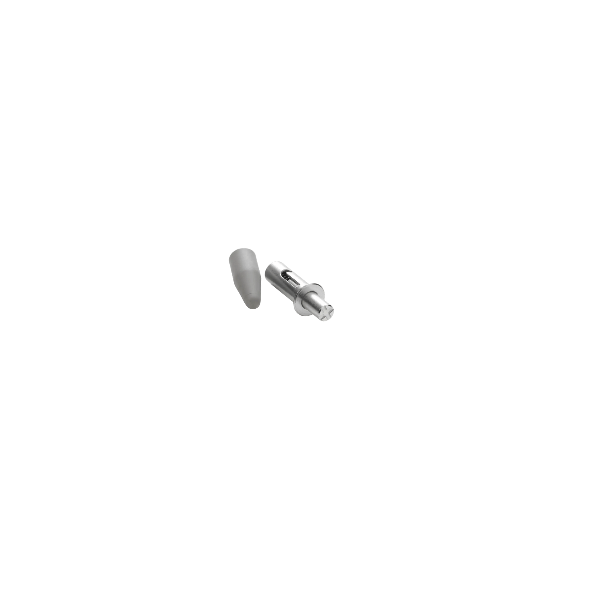 Silver earbud with ergonomic design on white background.