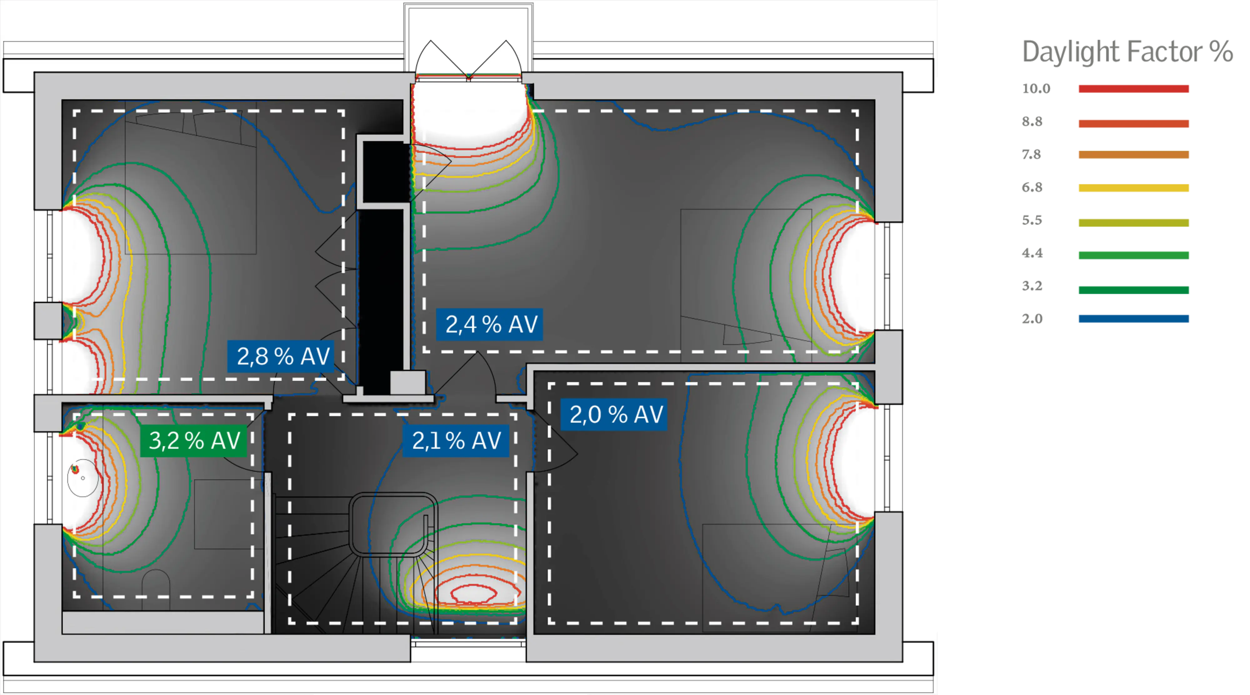 Analiza factorilor de lumină naturală care arată distribuția luminii în configurația clădirii.
